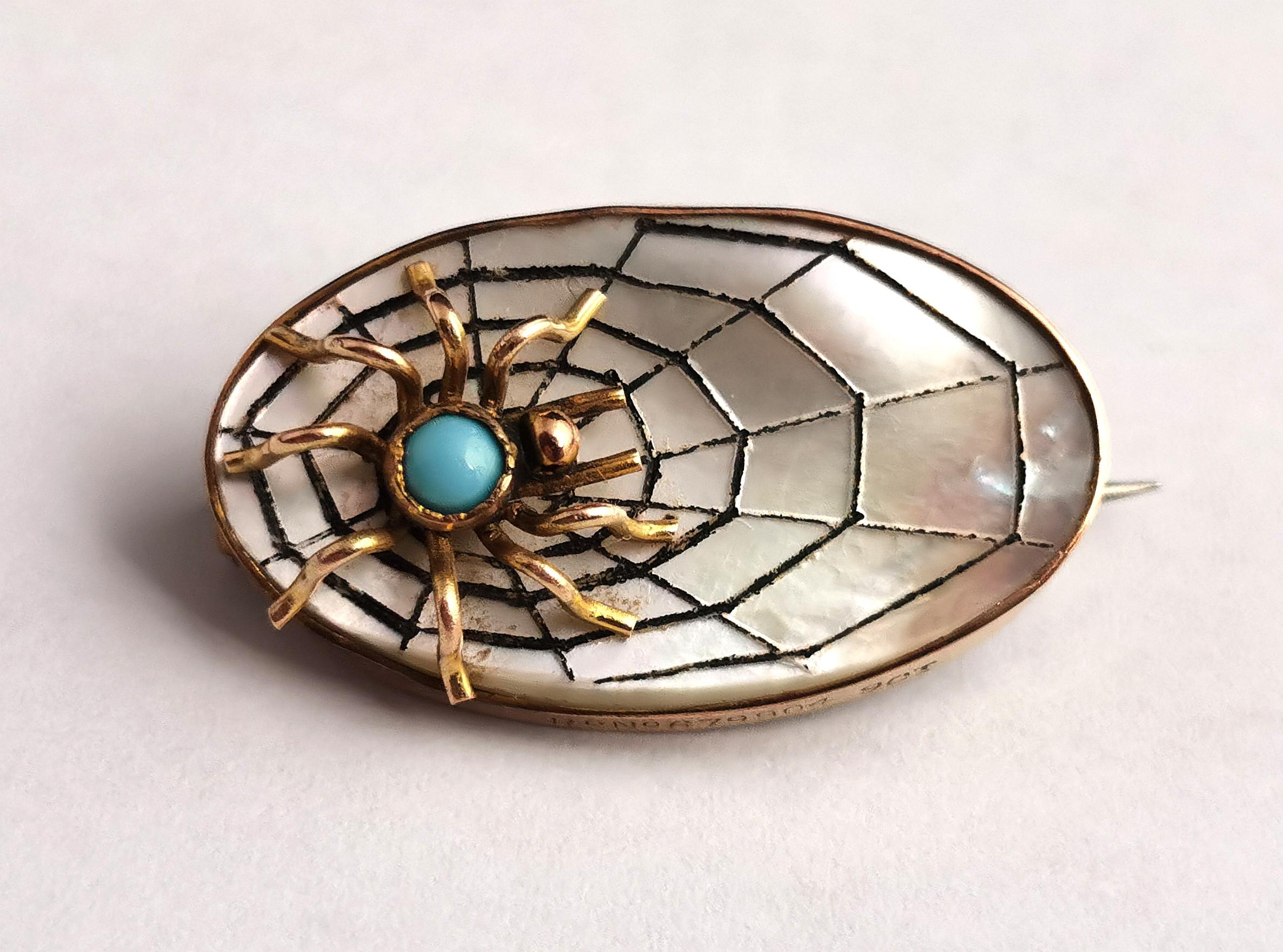 Antique Spider and Web Brooch, 9k Gold, Mother of Pearl 8