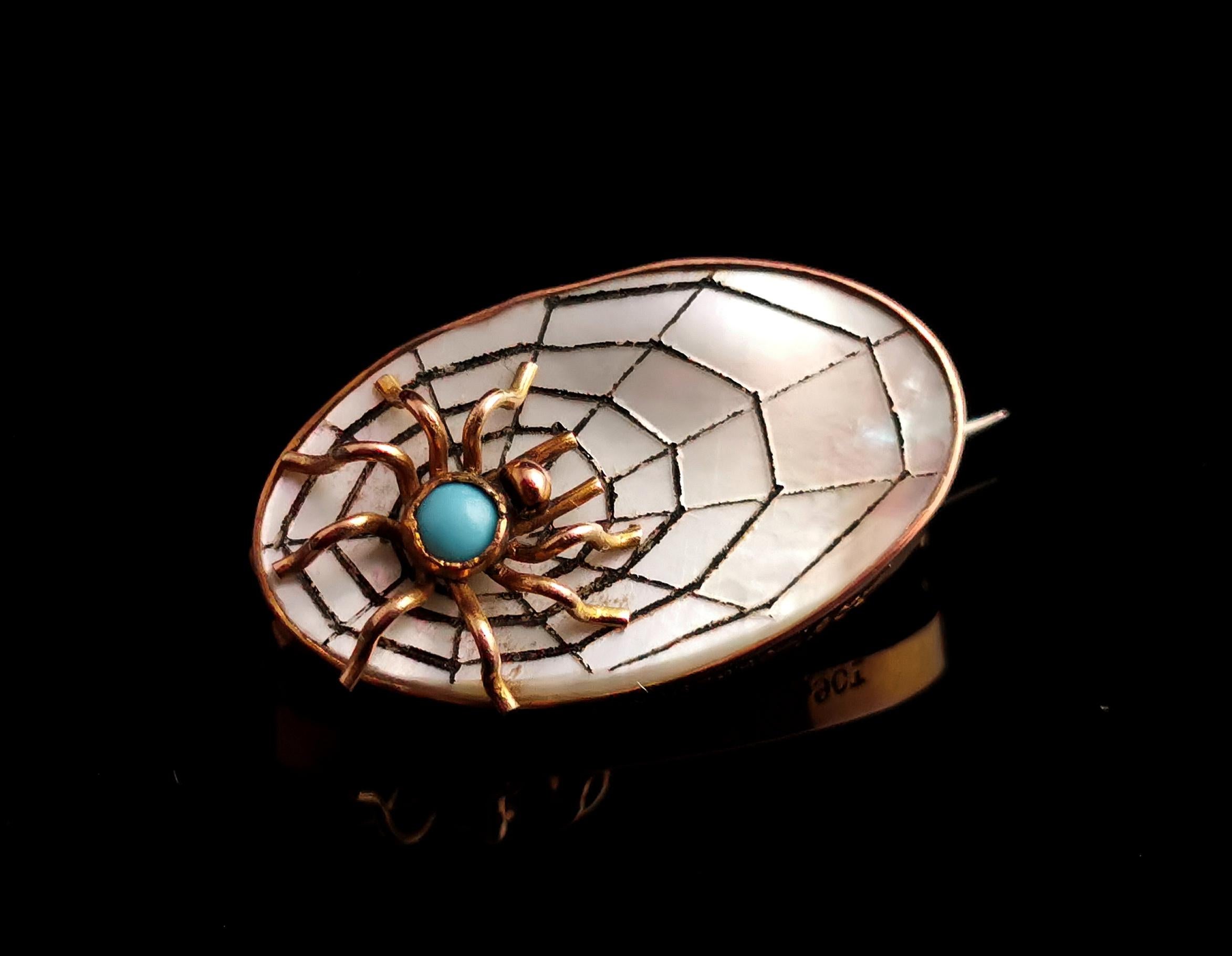 Antique Spider and Web Brooch, 9k Gold, Mother of Pearl 1