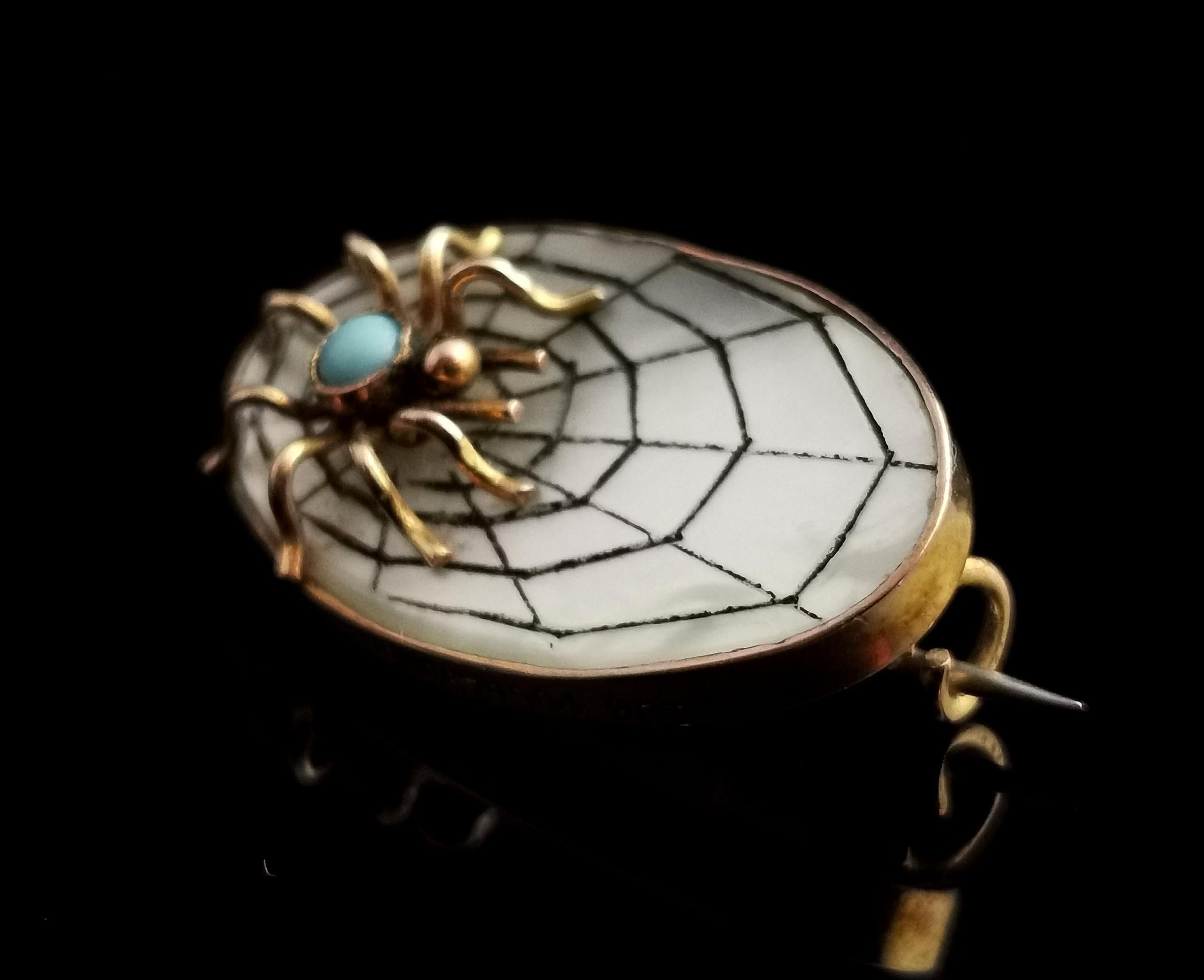 Antique Spider and Web Brooch, 9k Gold, Mother of Pearl 2