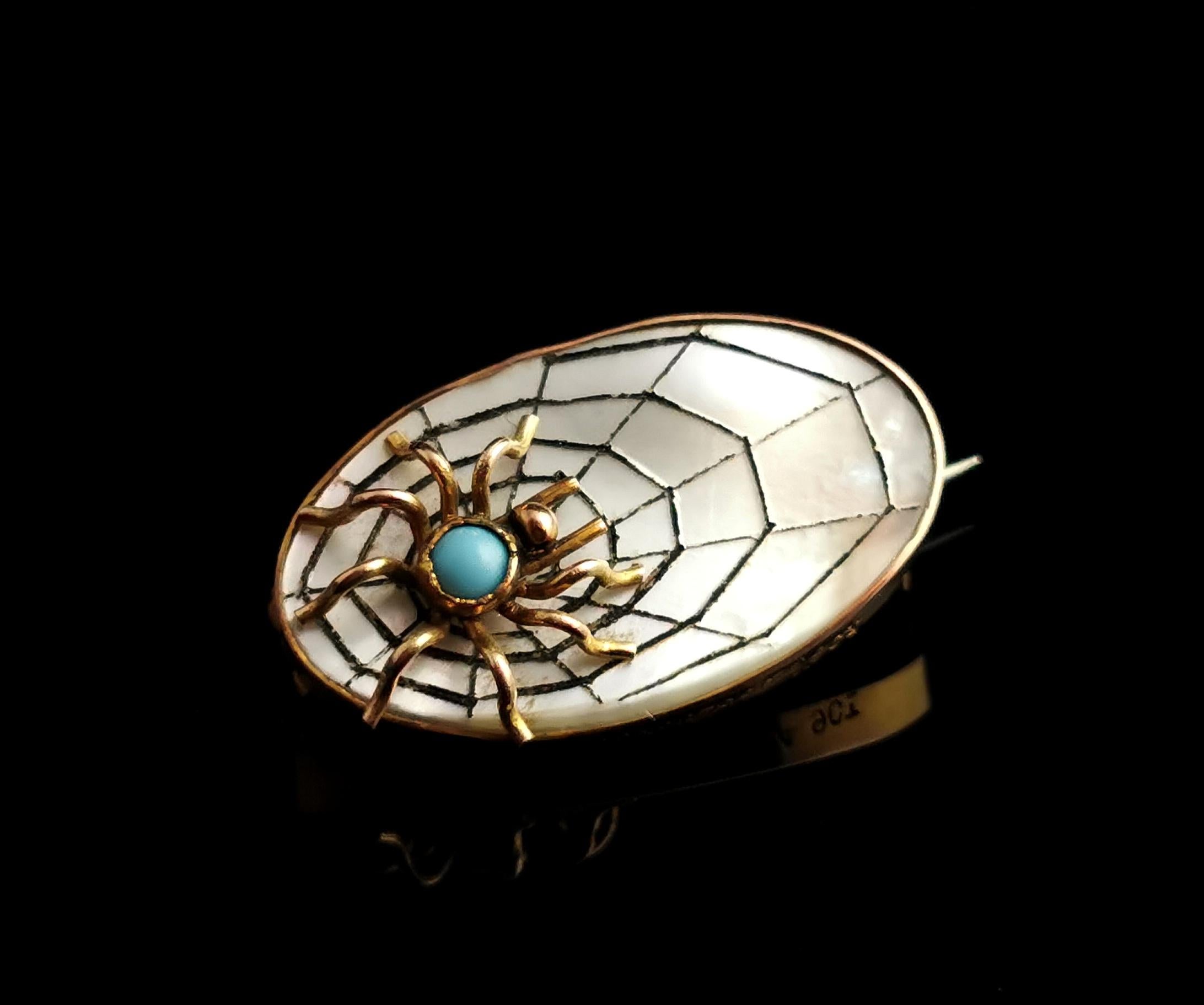 Antique Spider and Web Brooch, 9k Gold, Mother of Pearl 3