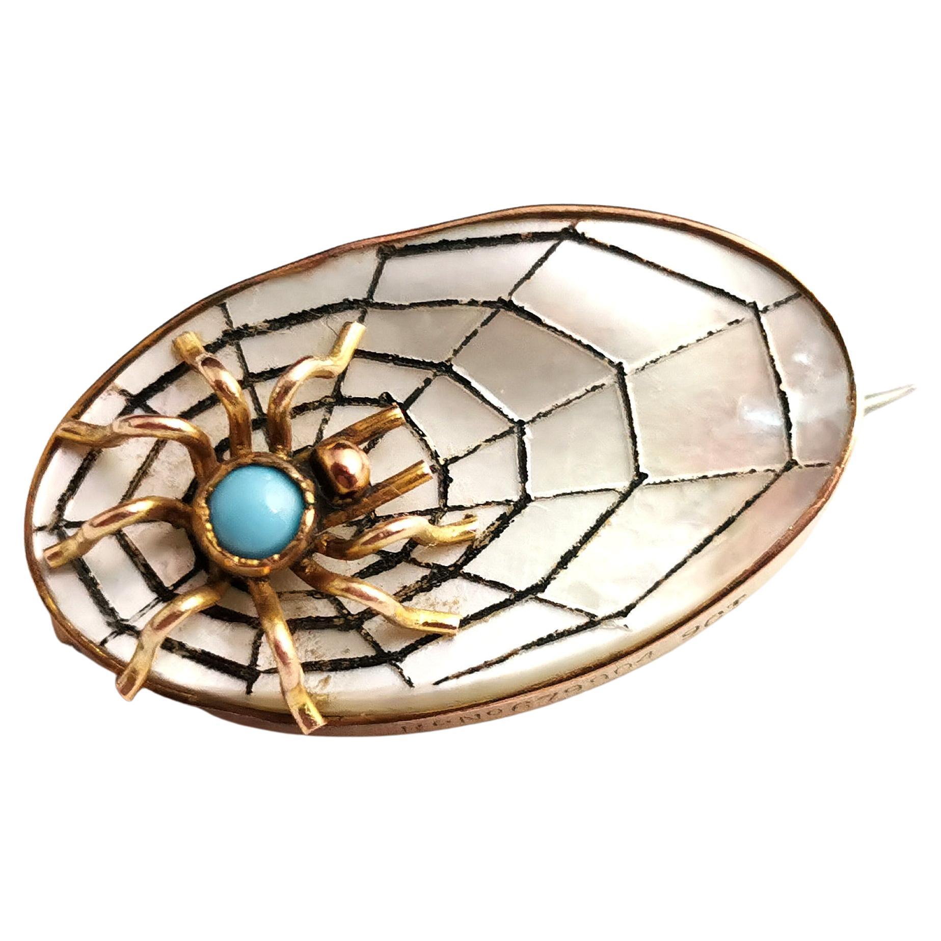 Antique Spider and Web Brooch, 9k Gold, Mother of Pearl