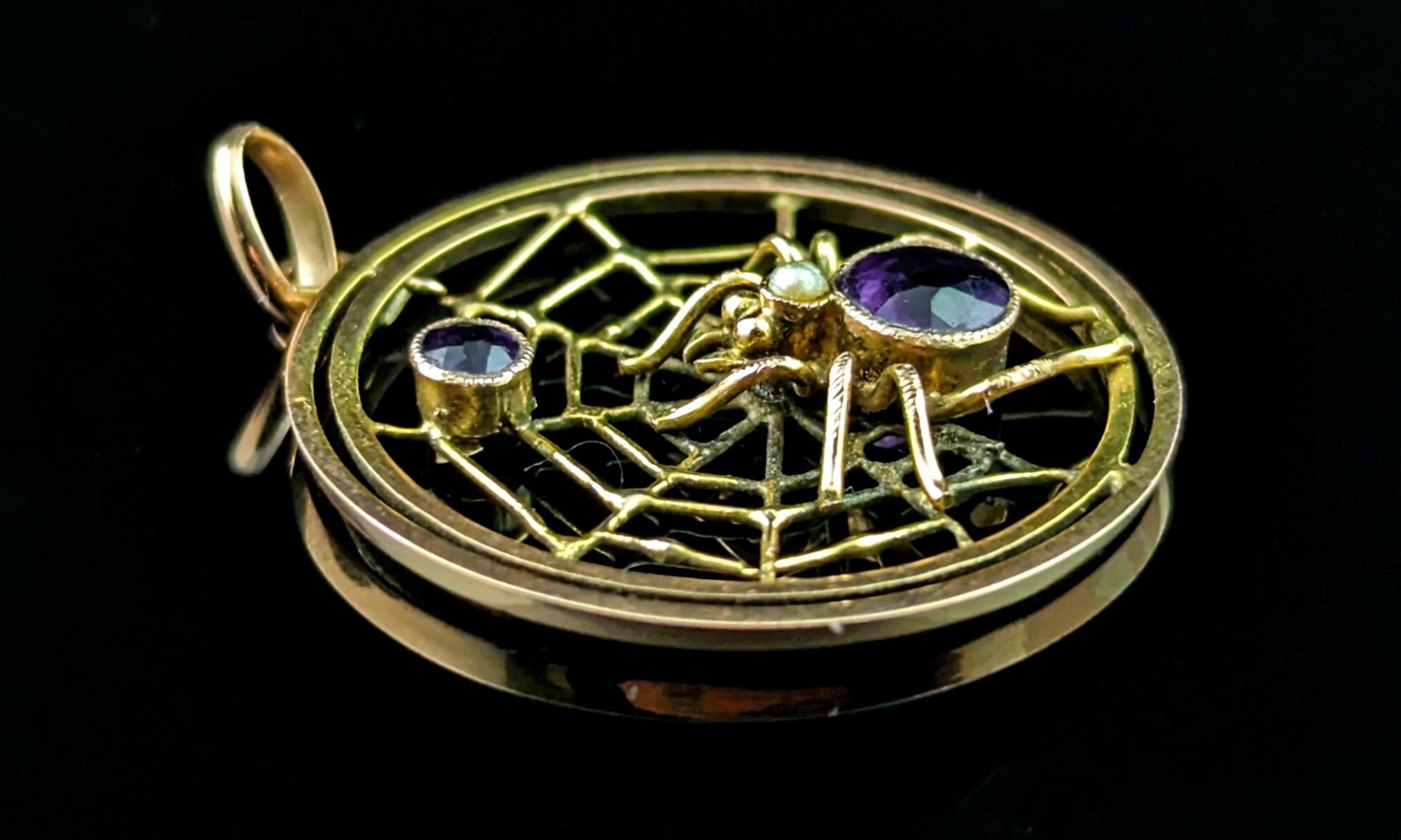 Antique Spider and Web pendant, Amethyst and Pearl, 9kt gold, Edwardian  3