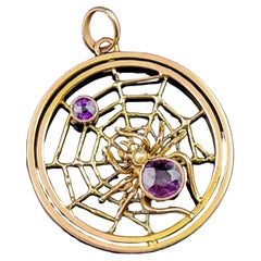 Antique Spider and Web pendant, Amethyst and Pearl, 9kt gold, Edwardian 