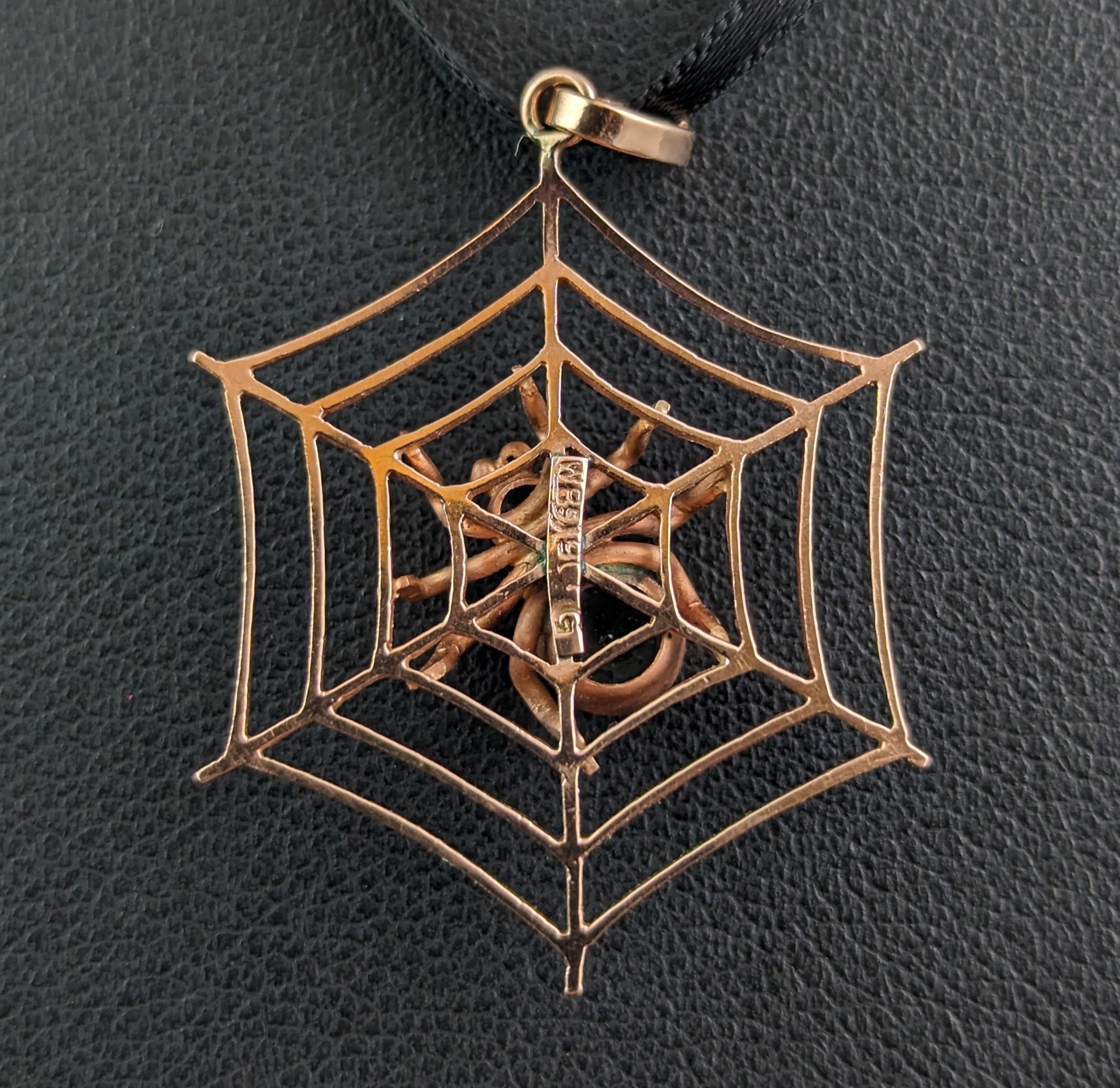 Antique Spider and Web pendant, Aquamarine, 9k rose gold  4