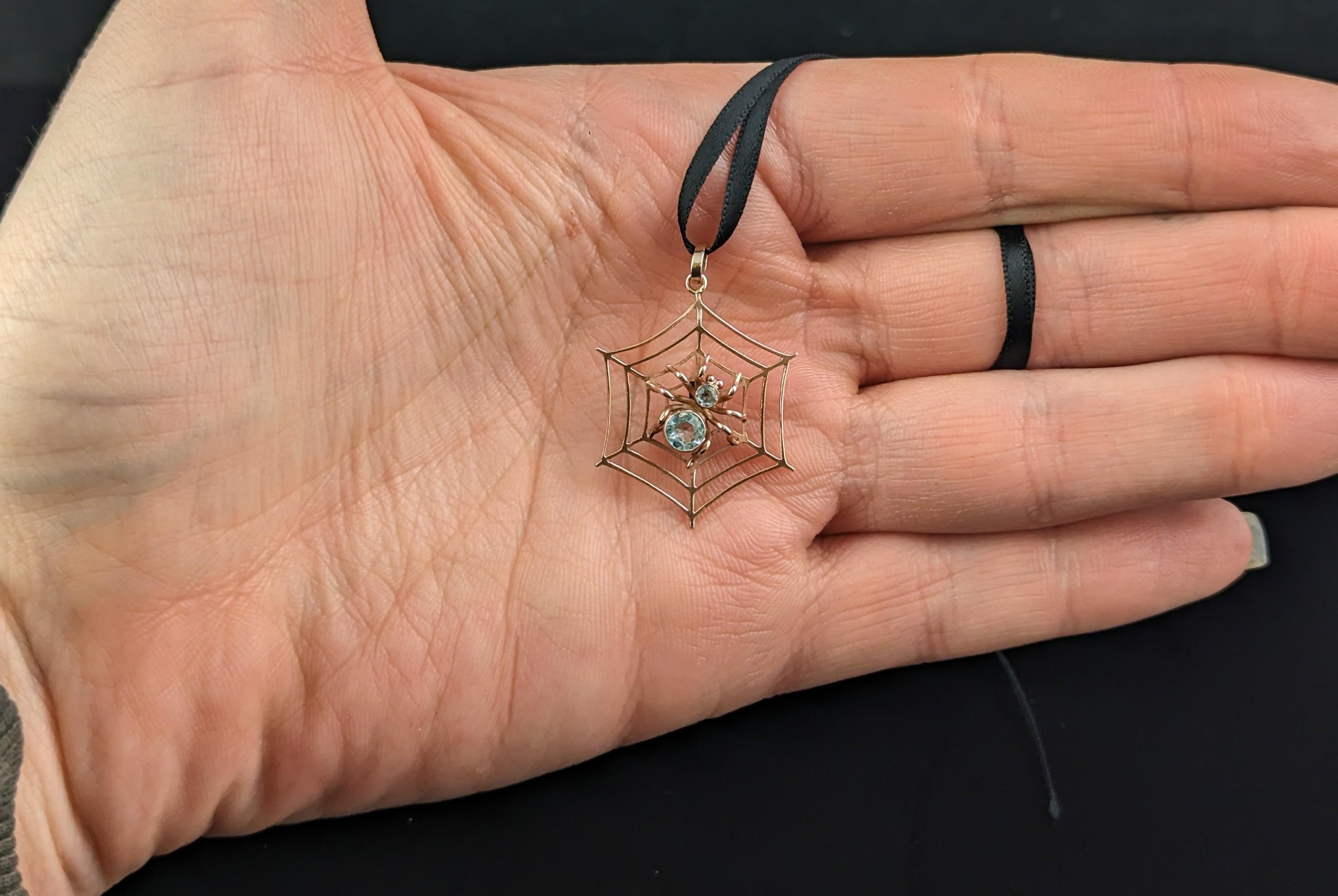 Antique Spider and Web pendant, Aquamarine, 9k rose gold  5