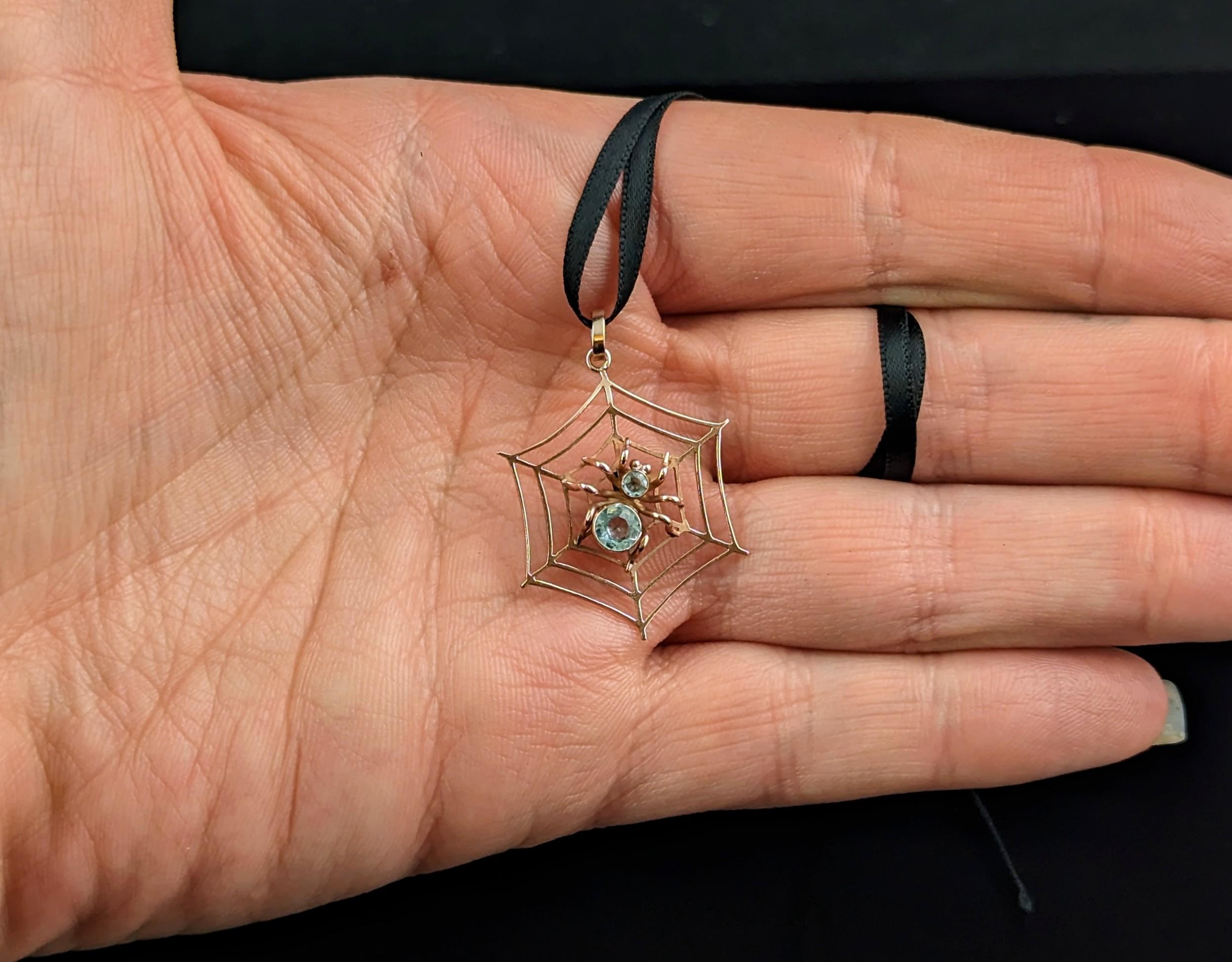 Antique Spider and Web pendant, Aquamarine, 9k rose gold  6