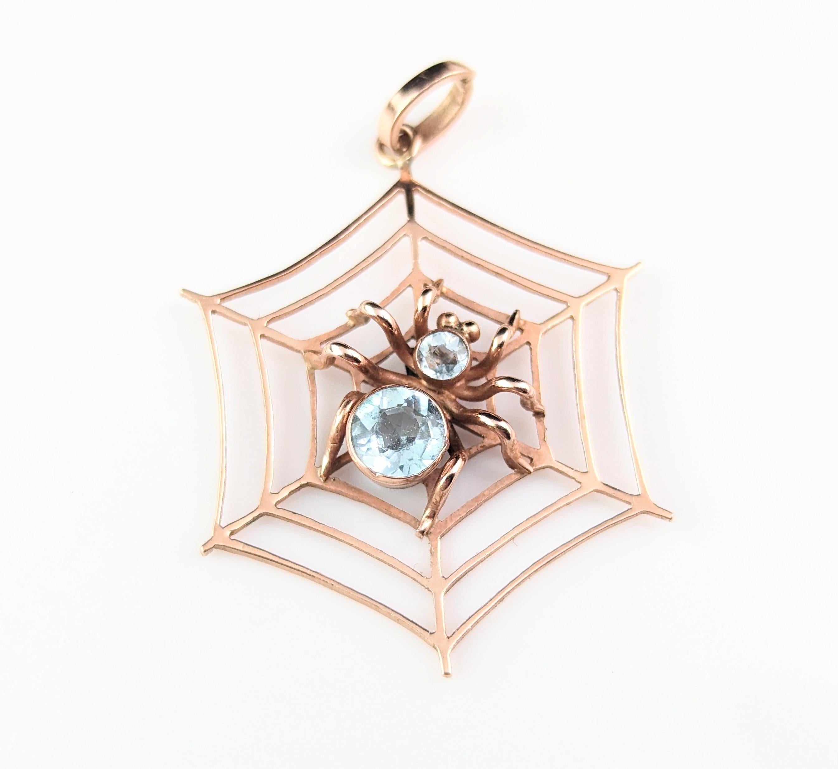 Antique Spider and Web pendant, Aquamarine, 9k rose gold  7
