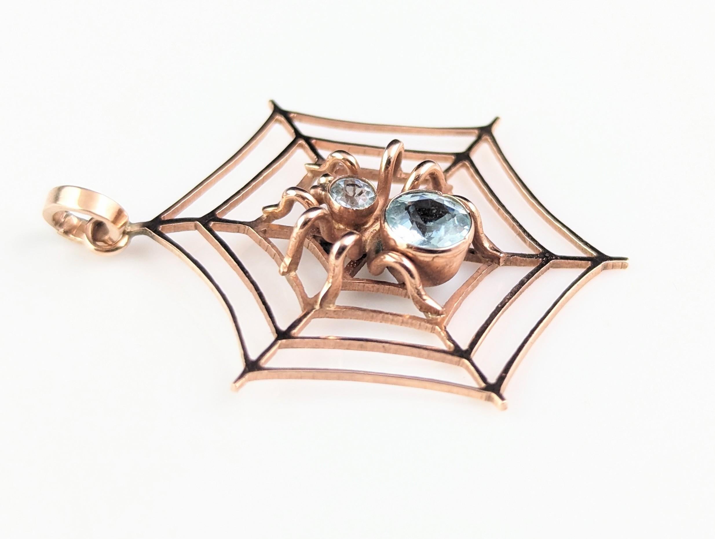 Antique Spider and Web pendant, Aquamarine, 9k rose gold  8