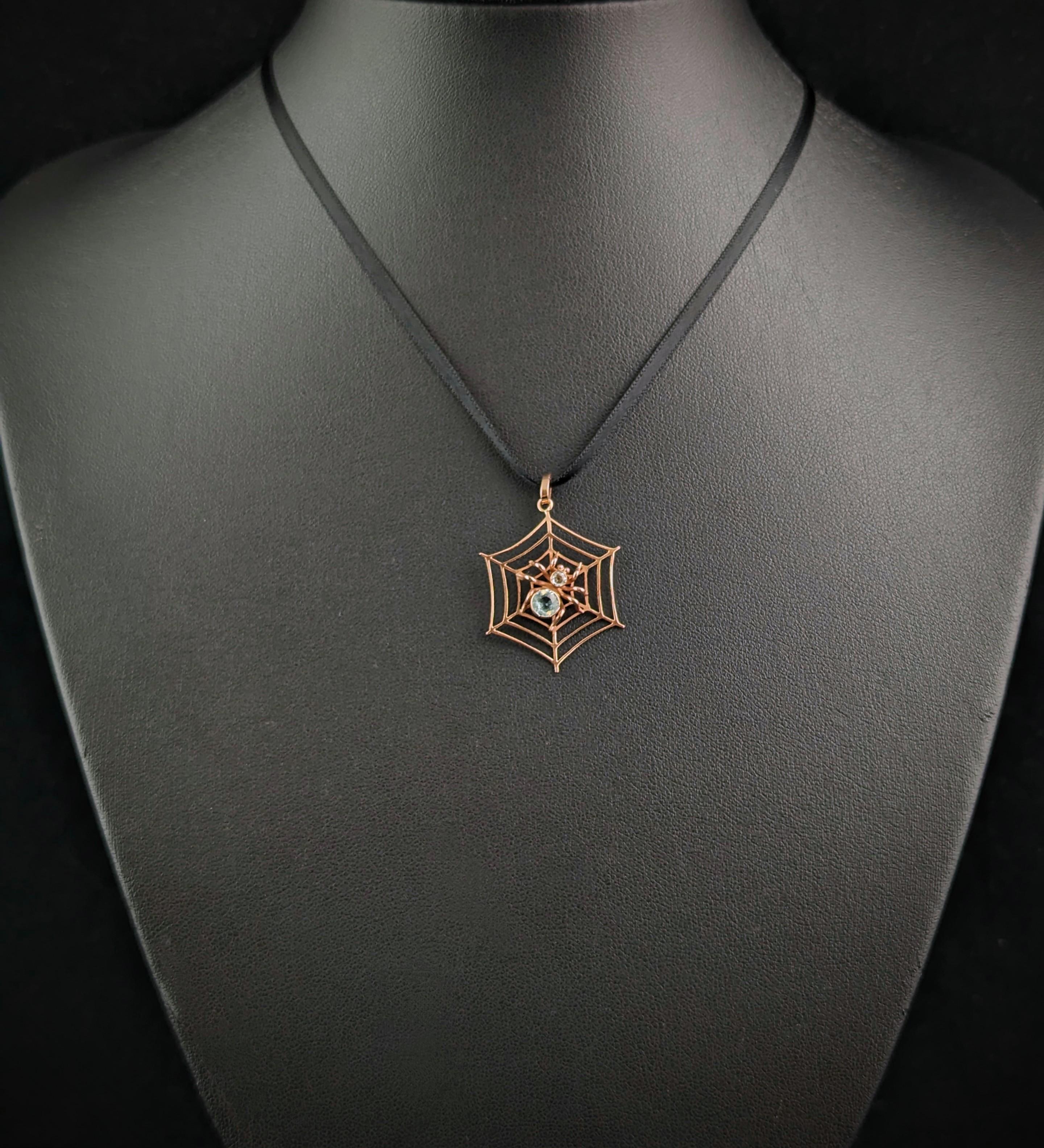 Art Nouveau Antique Spider and Web pendant, Aquamarine, 9k rose gold 