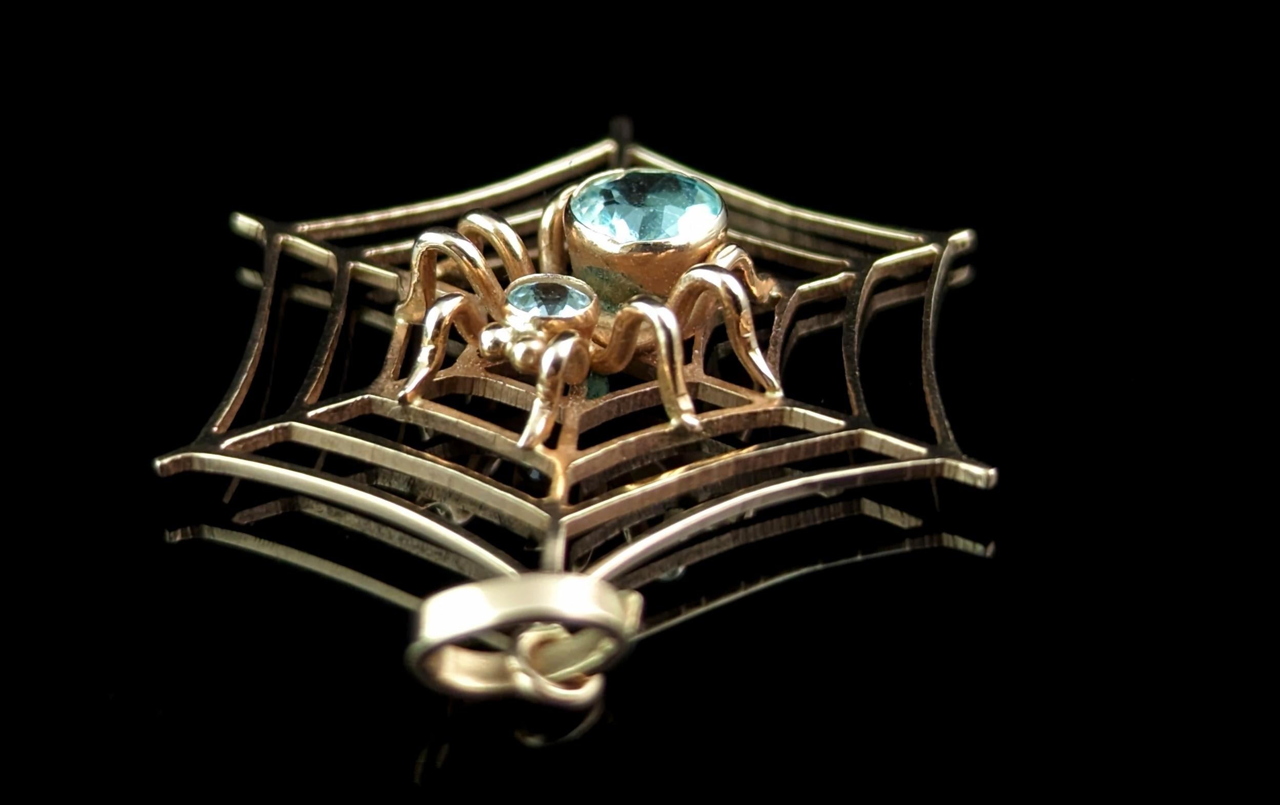 Antique Spider and Web pendant, Aquamarine, 9k rose gold  1