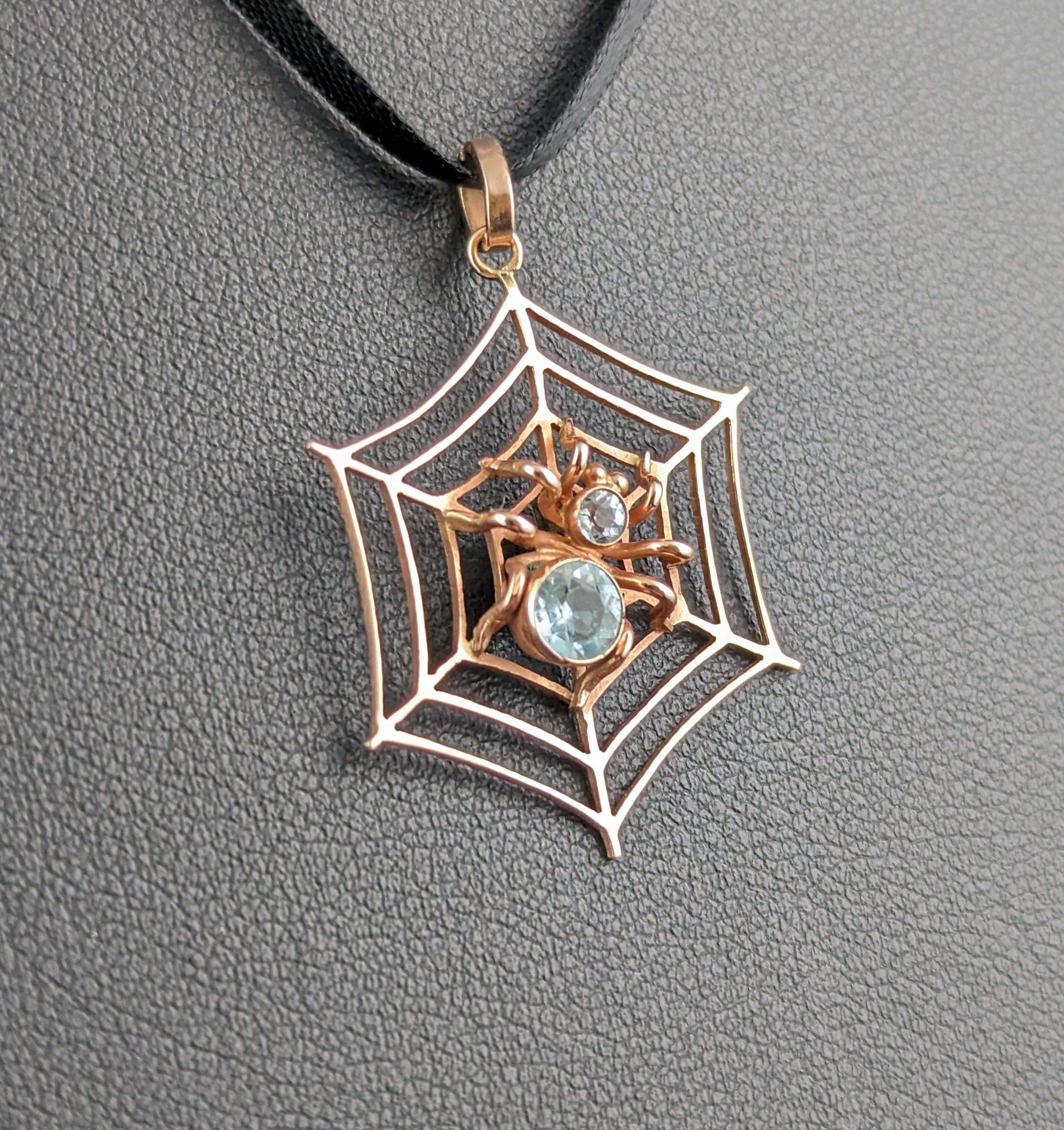 Antique Spider and Web pendant, Aquamarine, 9k rose gold  2