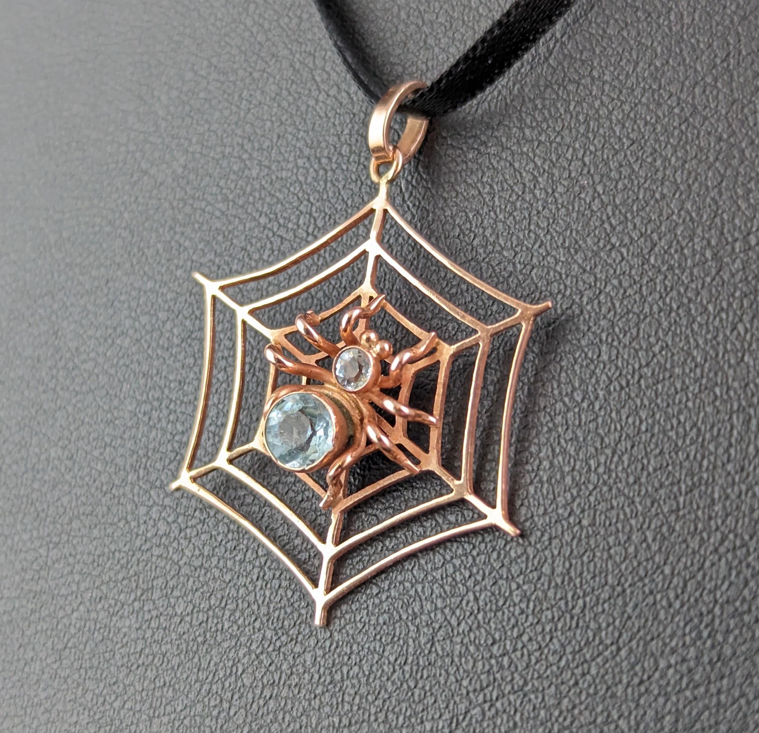 Antique Spider and Web pendant, Aquamarine, 9k rose gold  3