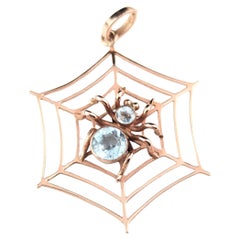 Antique Spider and Web pendant, Aquamarine, 9k rose gold 