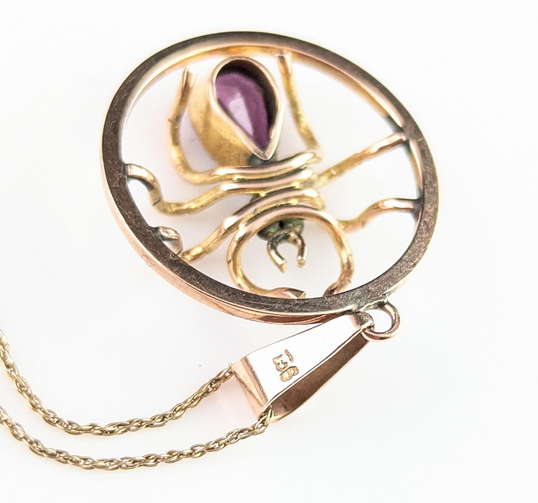 Antique Spider pendant necklace, Amethyst and Pearl, 9k gold For Sale 9