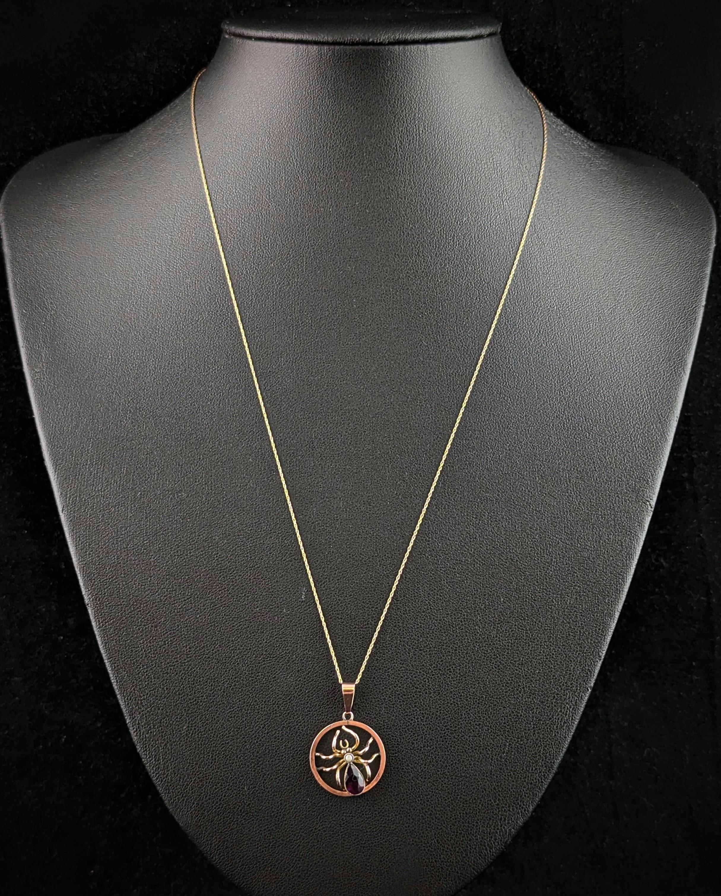 Edwardian Antique Spider pendant necklace, Amethyst and Pearl, 9k gold For Sale