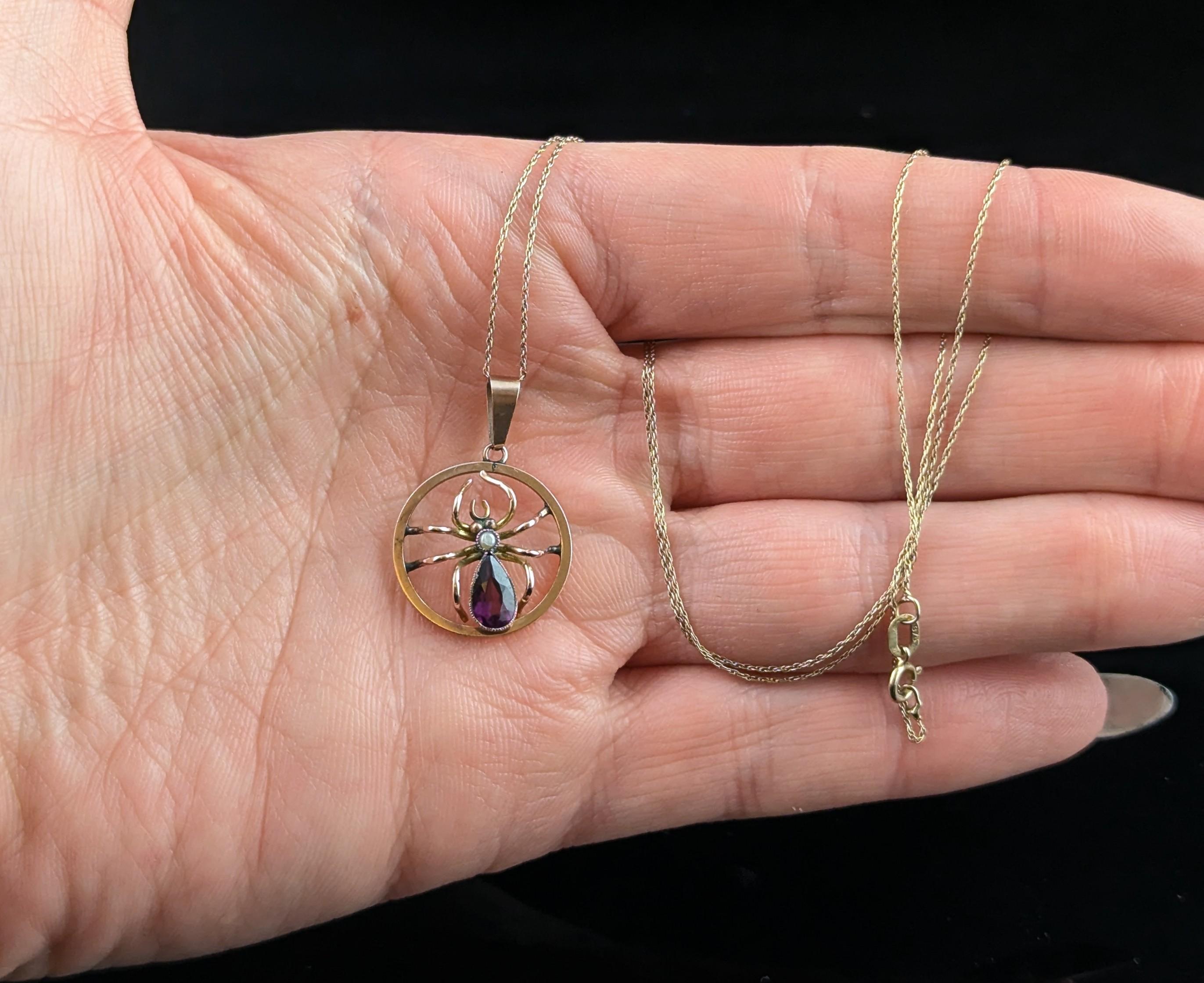 Pear Cut Antique Spider pendant necklace, Amethyst and Pearl, 9k gold For Sale