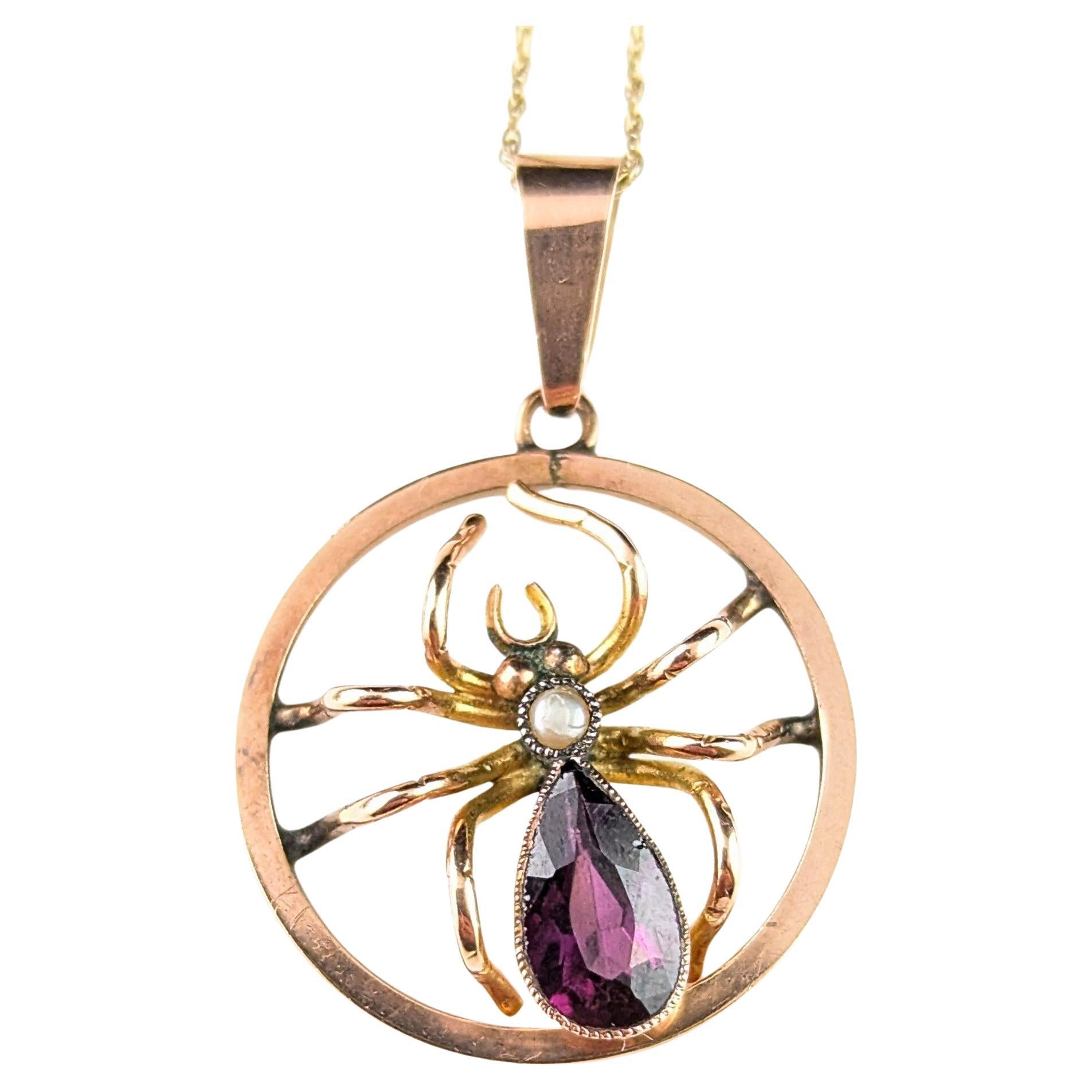 Antique Spider pendant necklace, Amethyst and Pearl, 9k gold