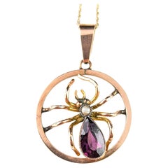 Antique Spider pendant necklace, Amethyst and Pearl, 9k gold