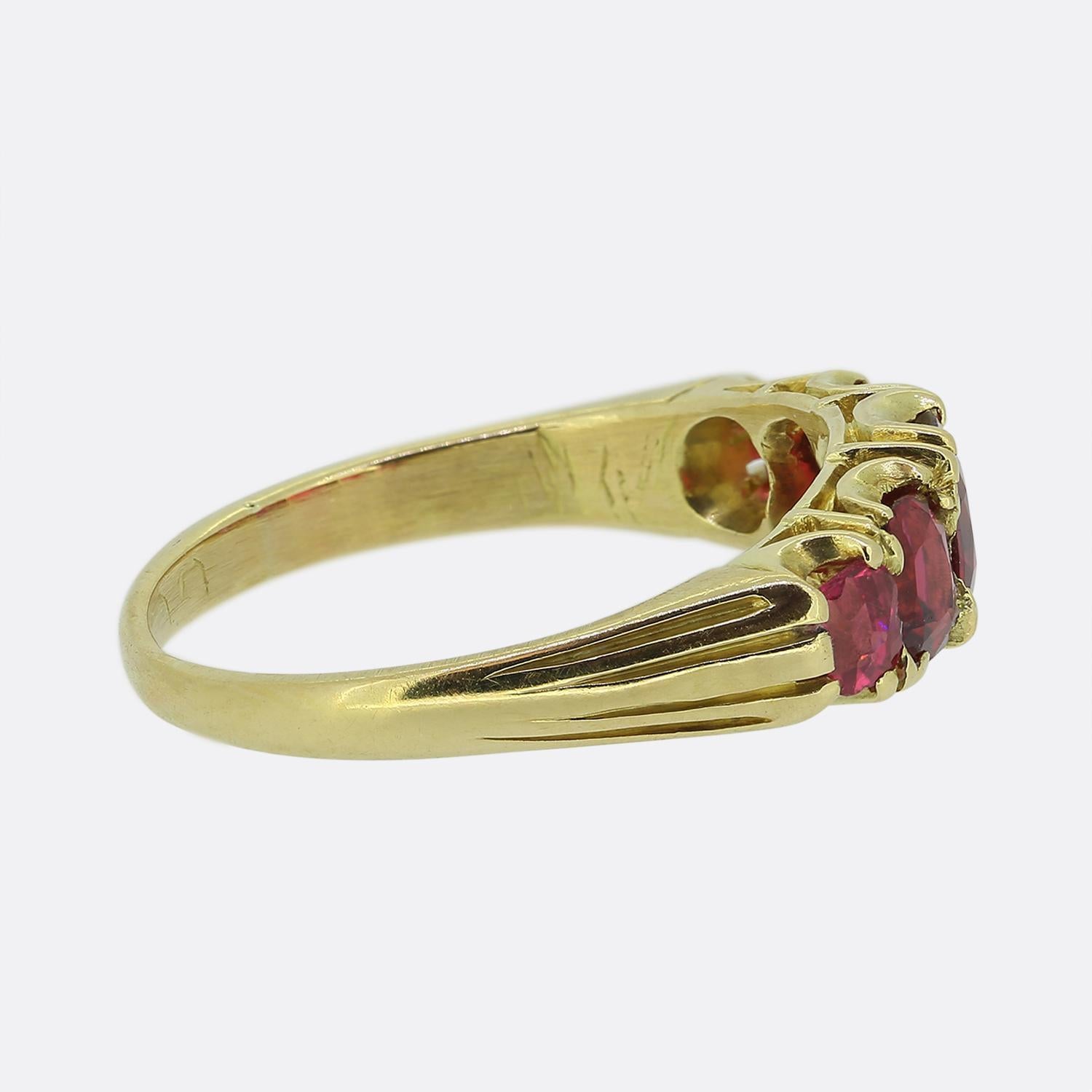 This is a truly wonderful spinel five stone ring. The ring is crafted in 18ct yellow gold and dates back to the early 1900s. The spinels are cushion cut and a highly desirable rich red hue.

Condition: Used (Very Good)
Weight: 3.9 grams
Ring Size: O