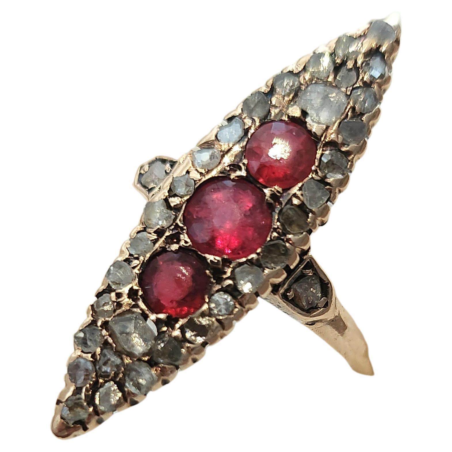 Antique Spinel Ruby And Rose Cut Diamond Russian Gold Ring For Sale