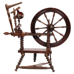 Antique Spinning Wheel Hand Polished In Dark Wood From 1880s