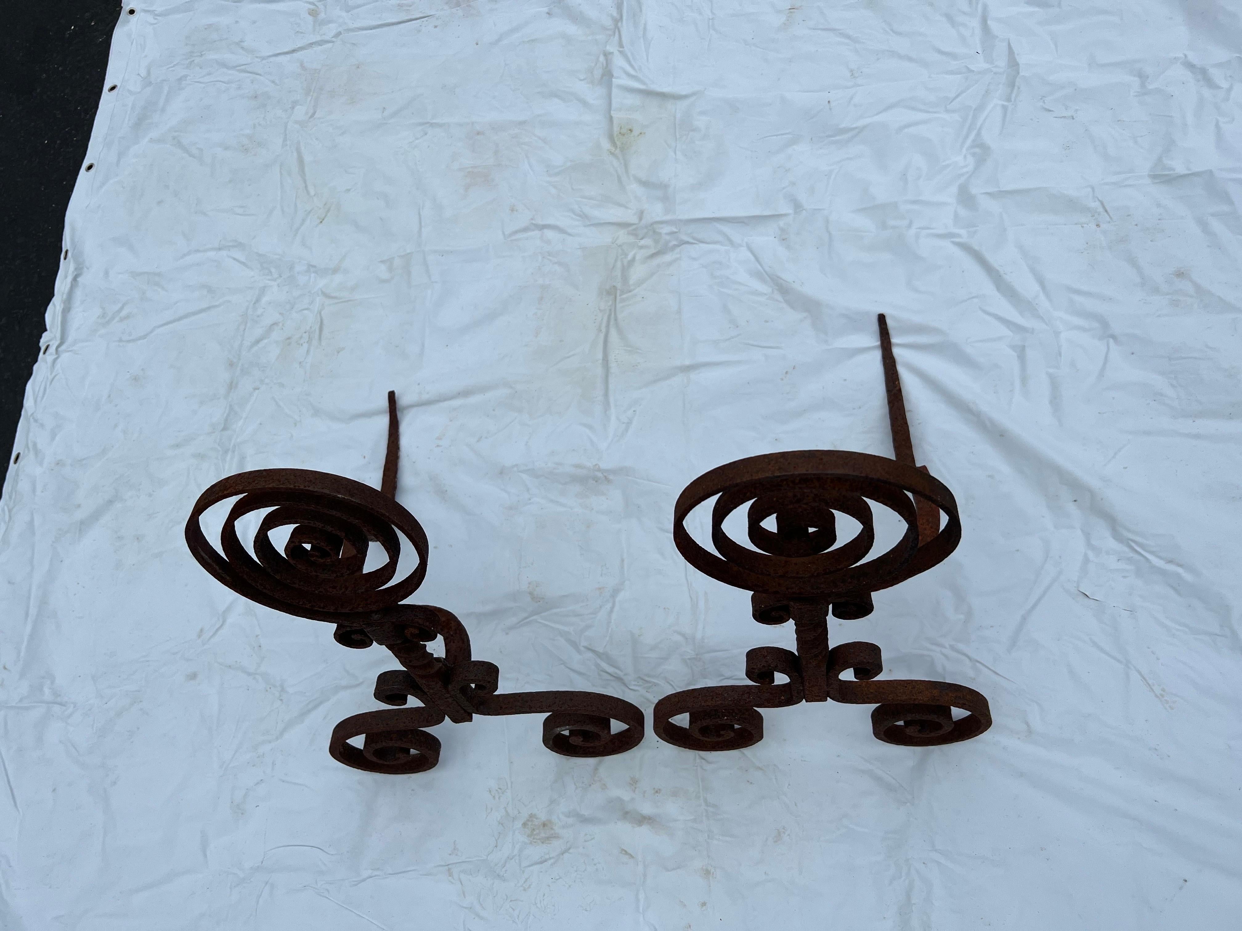 Pair of  Spiral Iron Fireplace Andirons For Sale 9