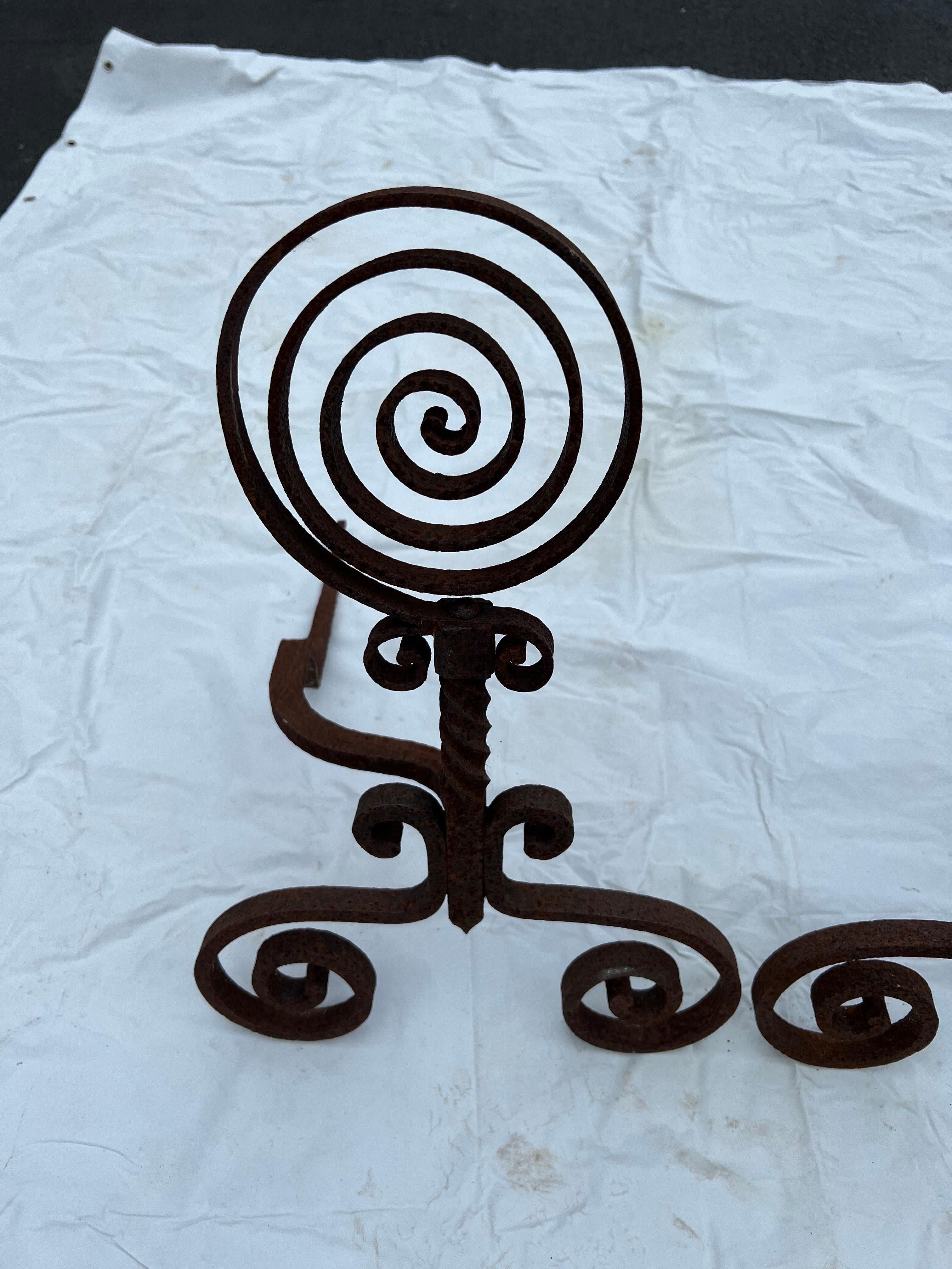 Pair of  Spiral Iron Fireplace Andirons For Sale 11
