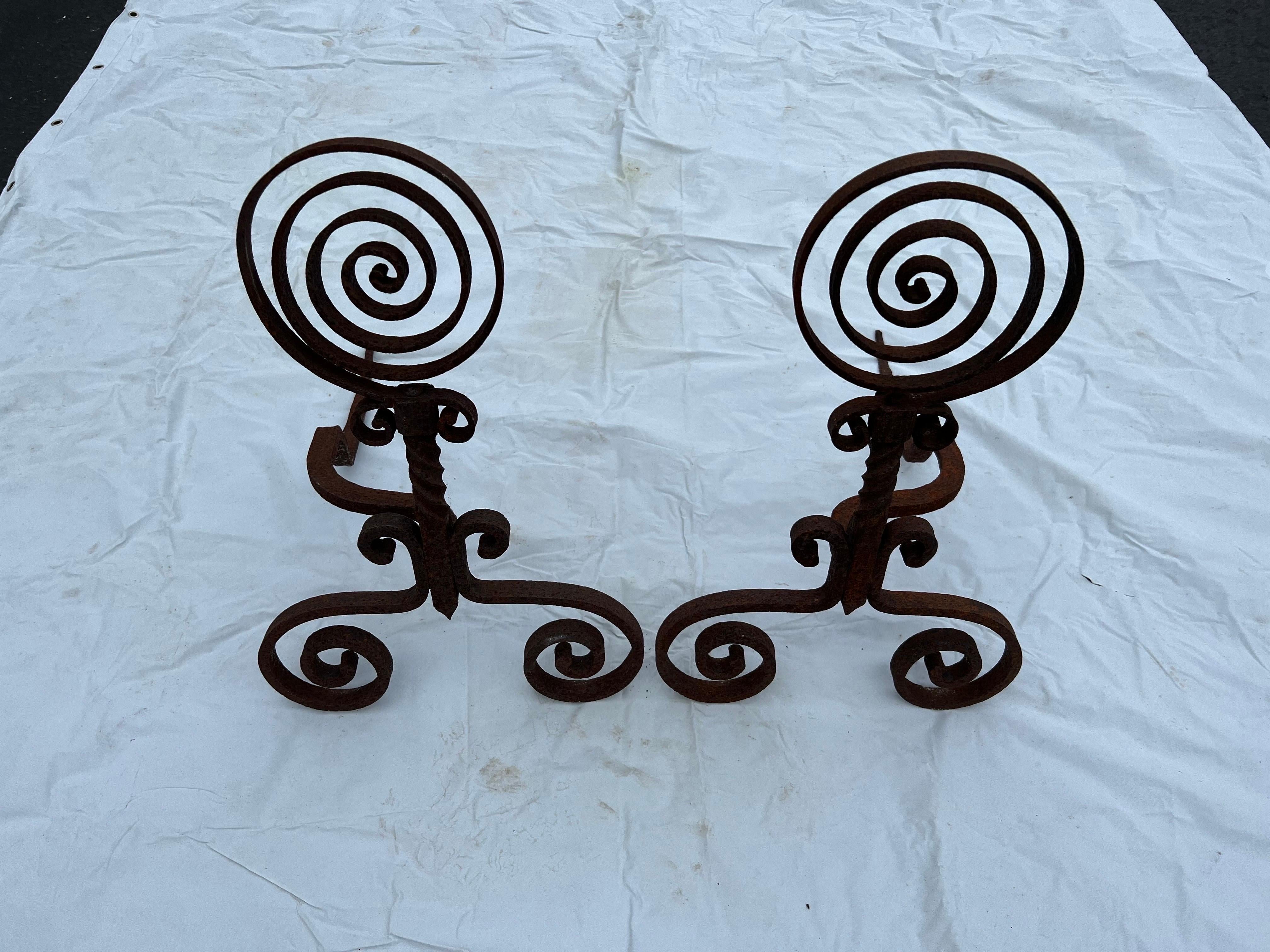 Primitive Pair of  Spiral Iron Fireplace Andirons For Sale