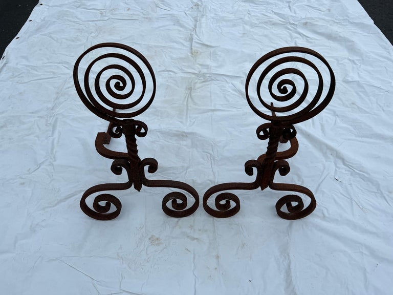 Pair of Spiral Iron Fireplace Andirons For Sale at 1stDibs