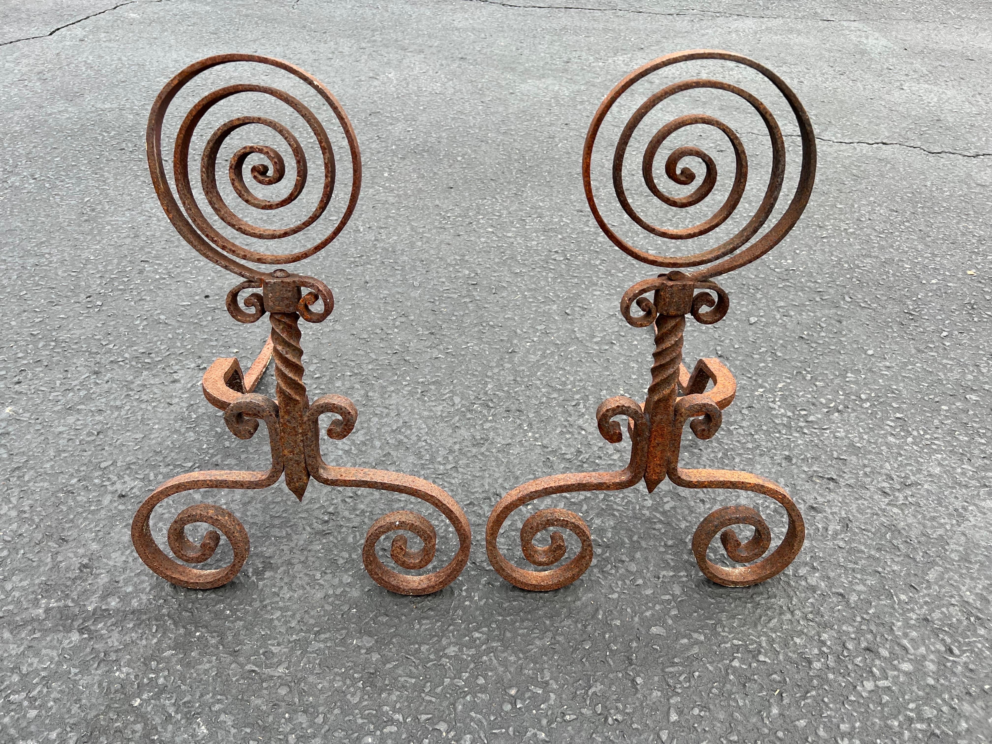 Pair of  Spiral Iron Fireplace Andirons In Good Condition For Sale In Redding, CT