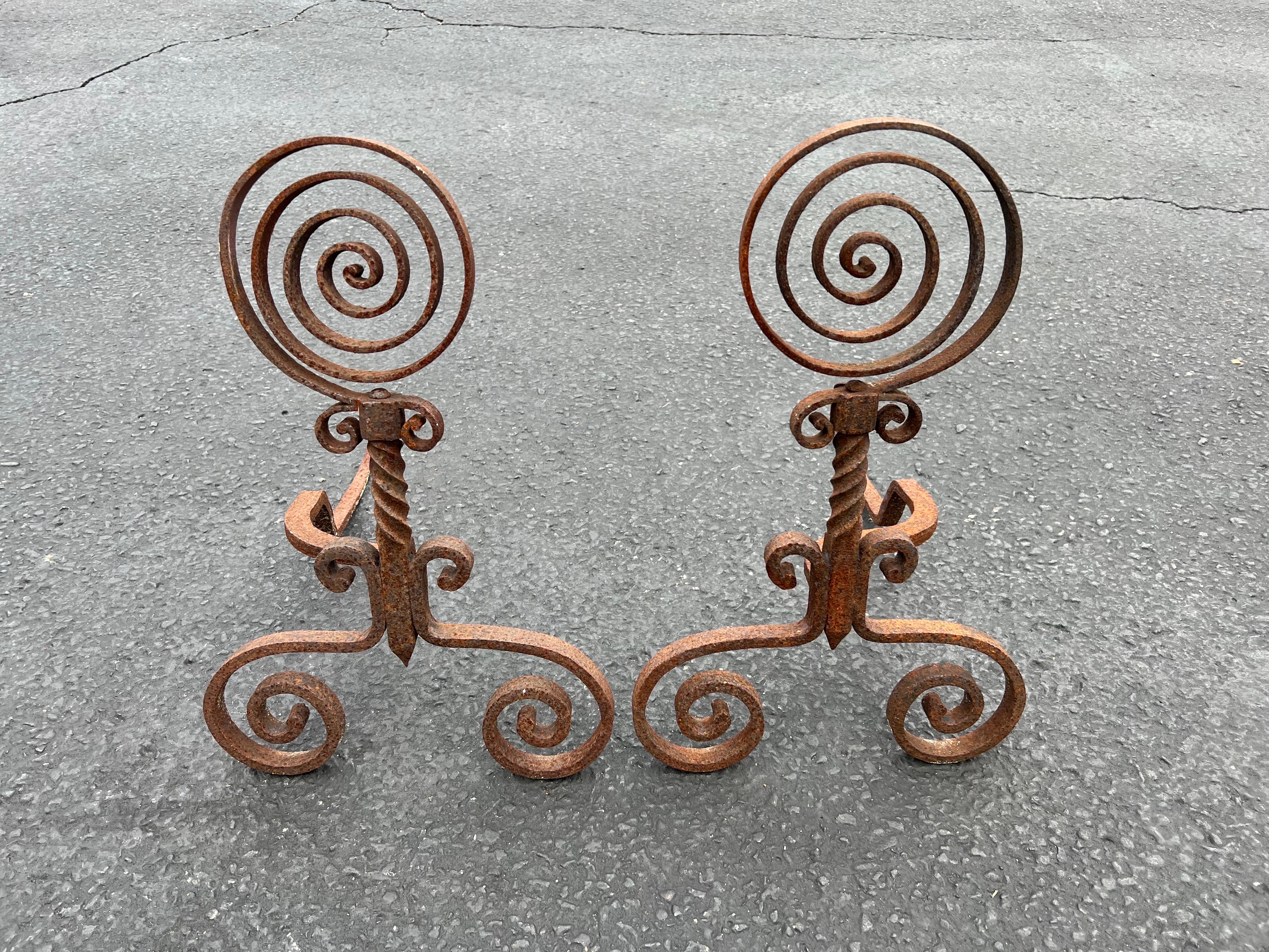 20th Century Pair of  Spiral Iron Fireplace Andirons For Sale