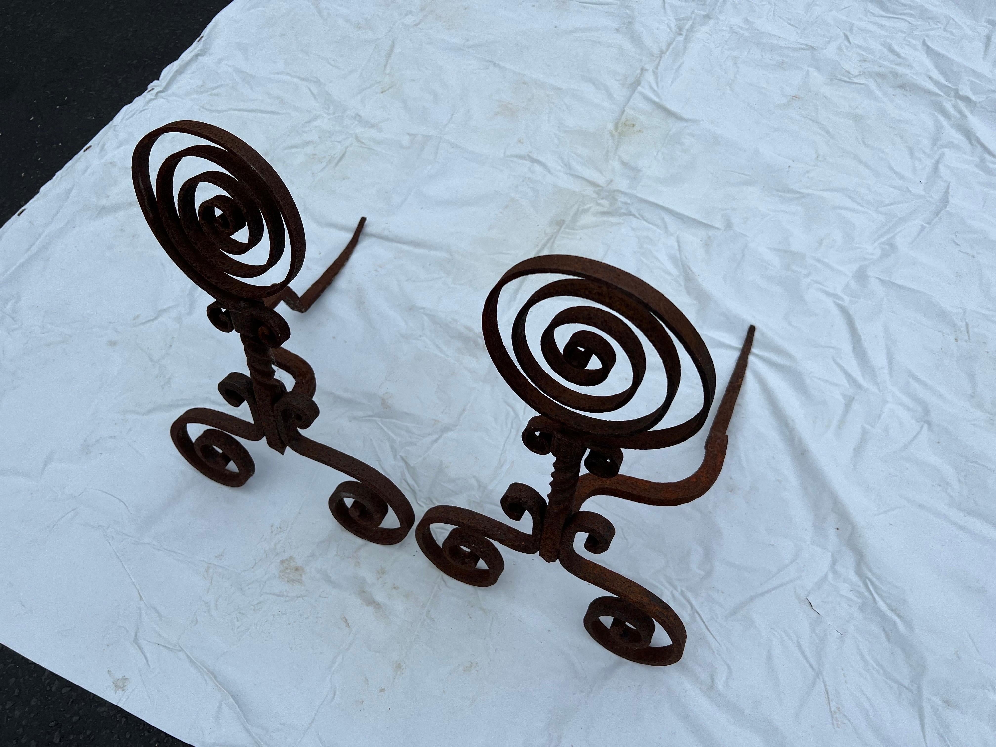 Pair of  Spiral Iron Fireplace Andirons For Sale 1