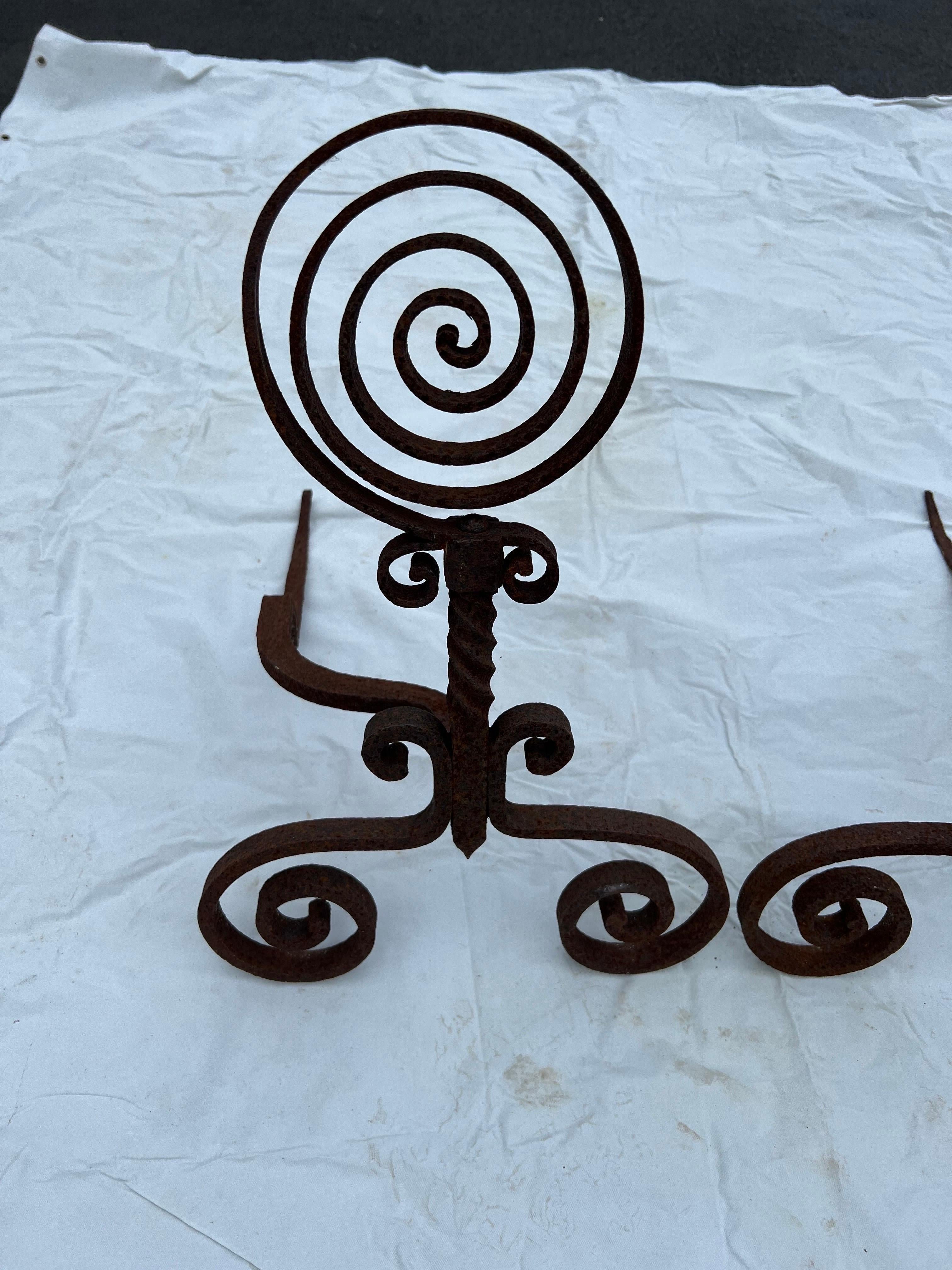 Pair of  Spiral Iron Fireplace Andirons For Sale 2