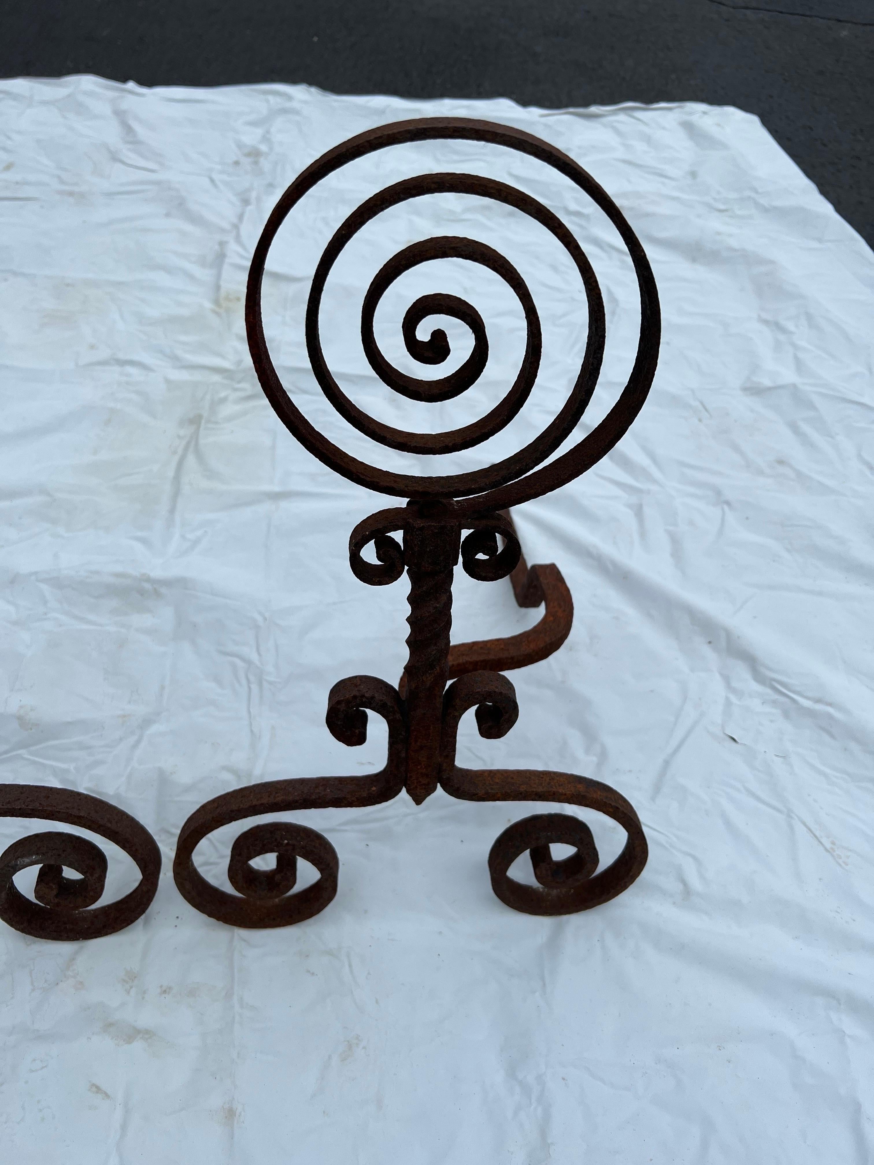 Pair of  Spiral Iron Fireplace Andirons For Sale 3
