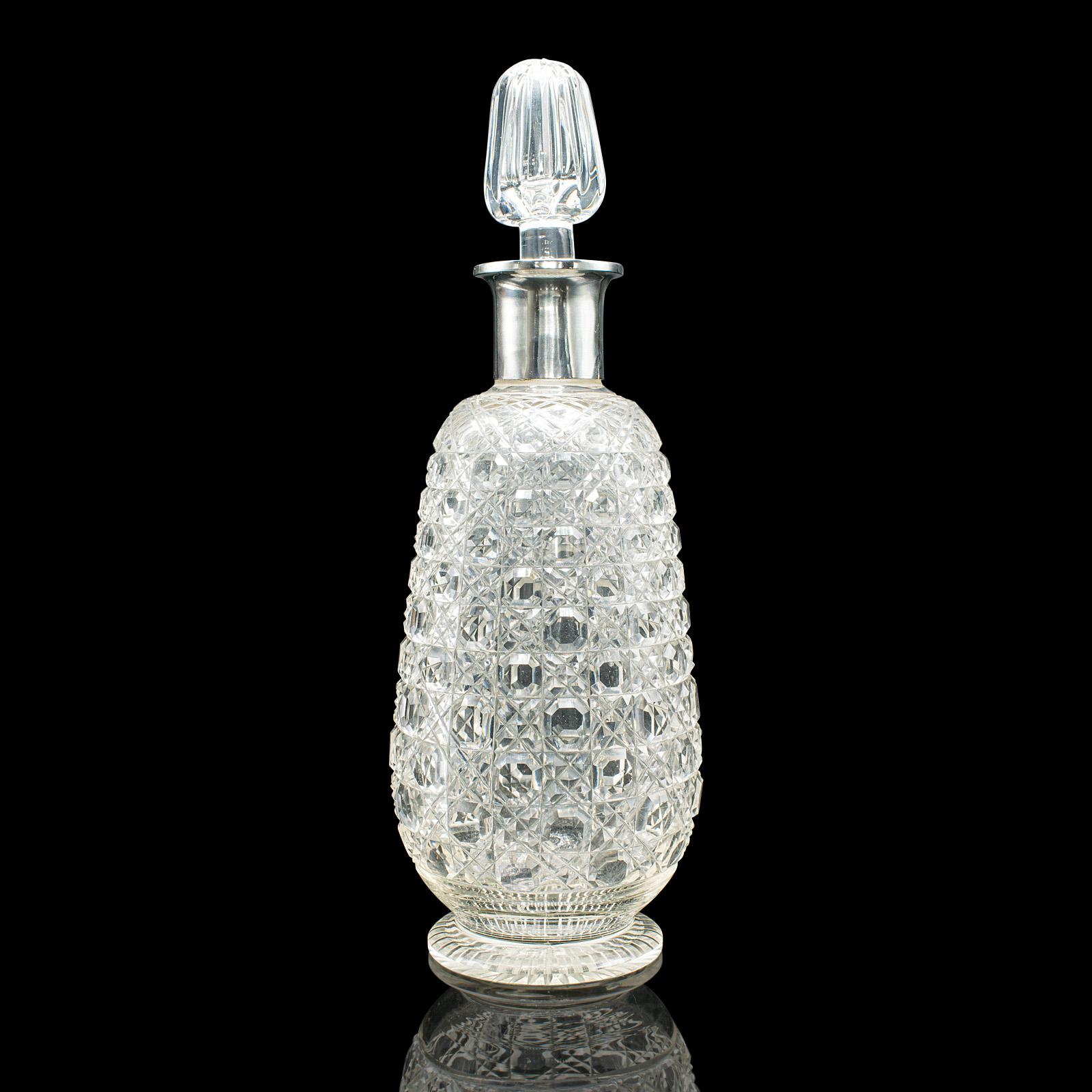 British Antique Spirit Decanter, Edwardian, Cut Glass, Hallmarked Silver, English, 1903 For Sale