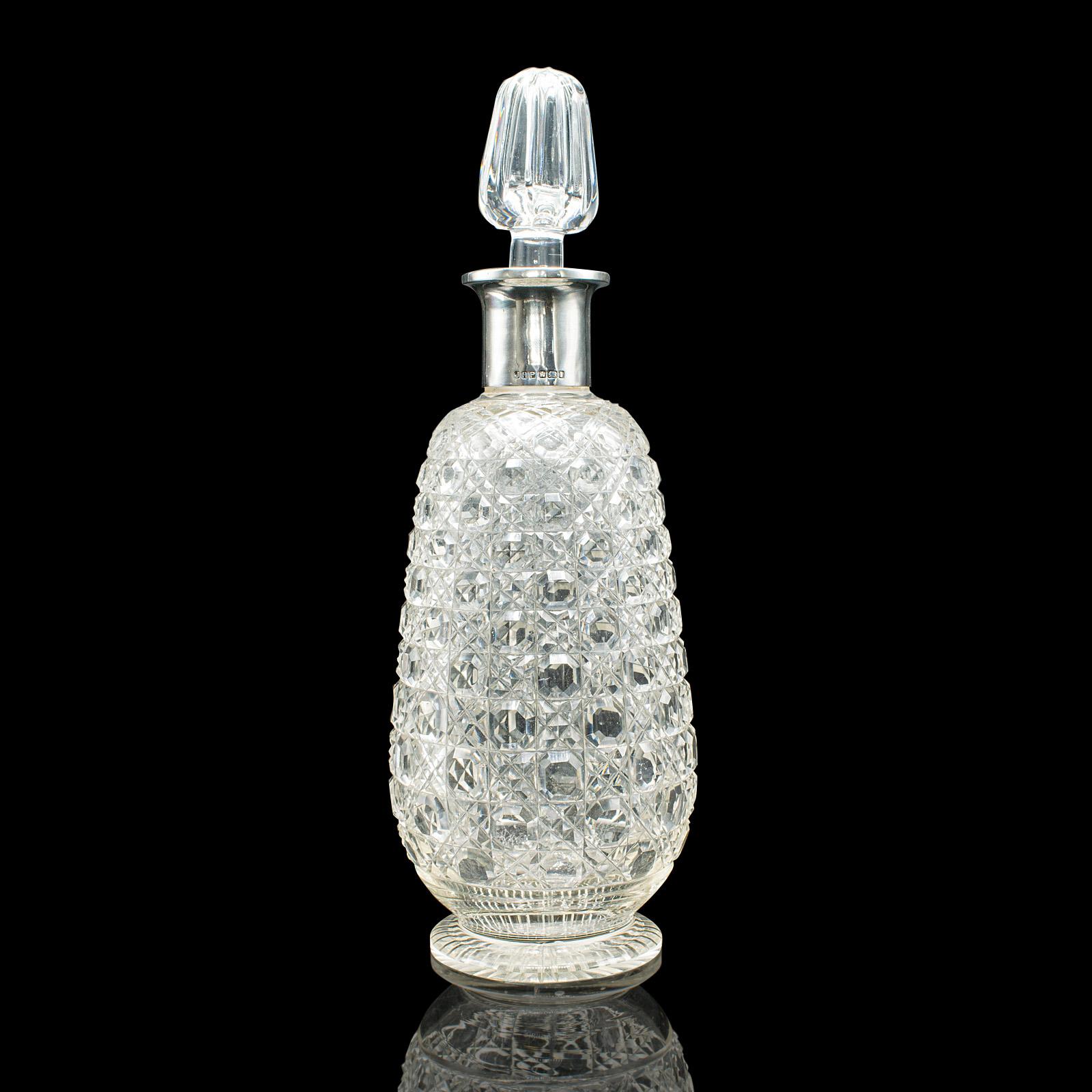 Early 20th Century Antique Spirit Decanter, Edwardian, Cut Glass, Hallmarked Silver, English, 1903 For Sale