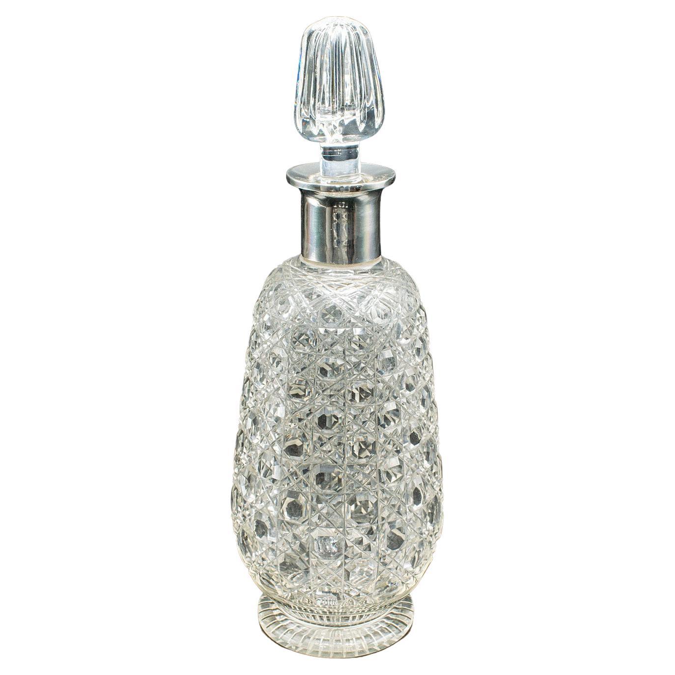 Antiguo decantador de aguardiente, eduardiano, cristal tallado, plata con matrícula, inglés, 1903