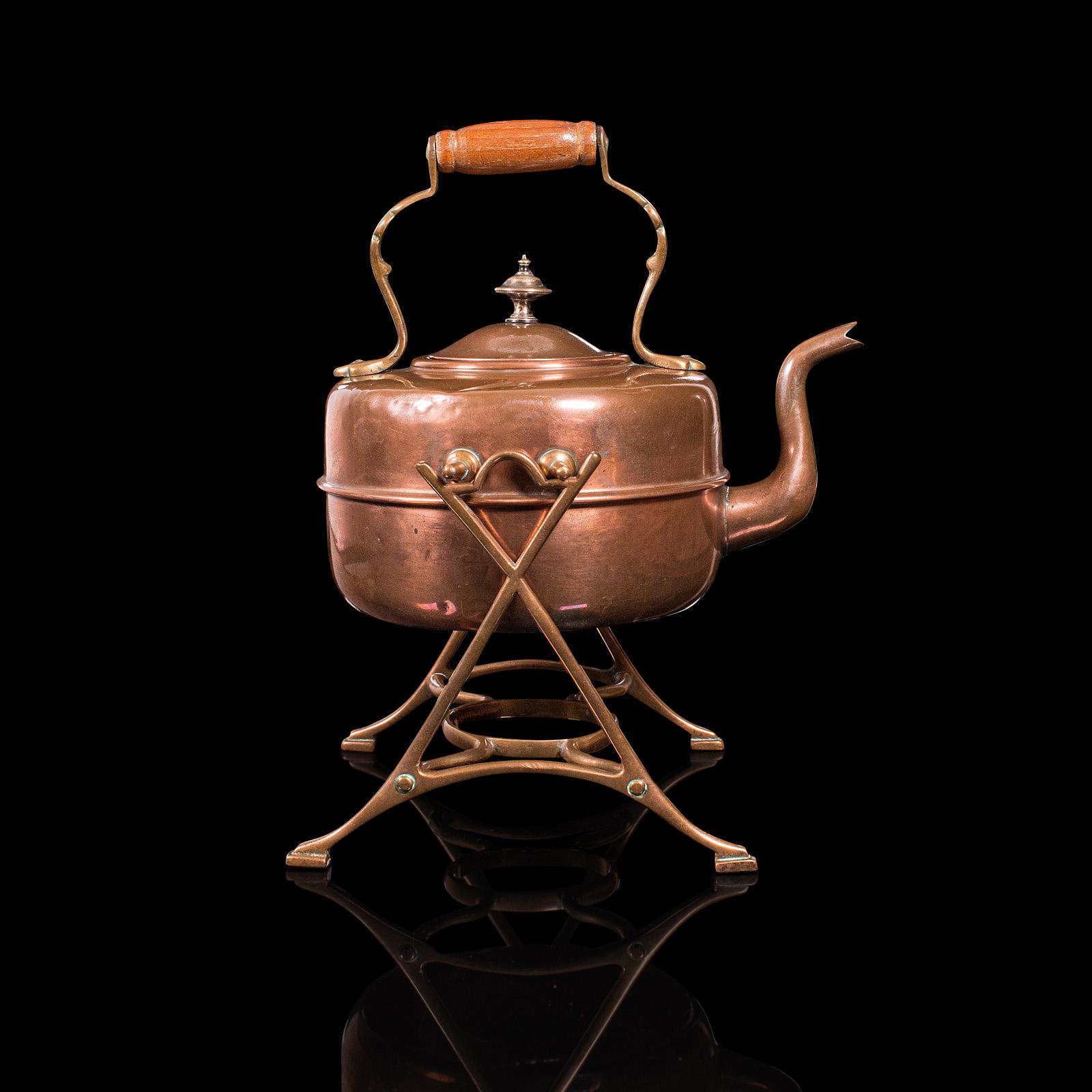 British Antique Spirit Kettle, English, Copper, Brass, Teakettle, Stand, Victorian, 1900