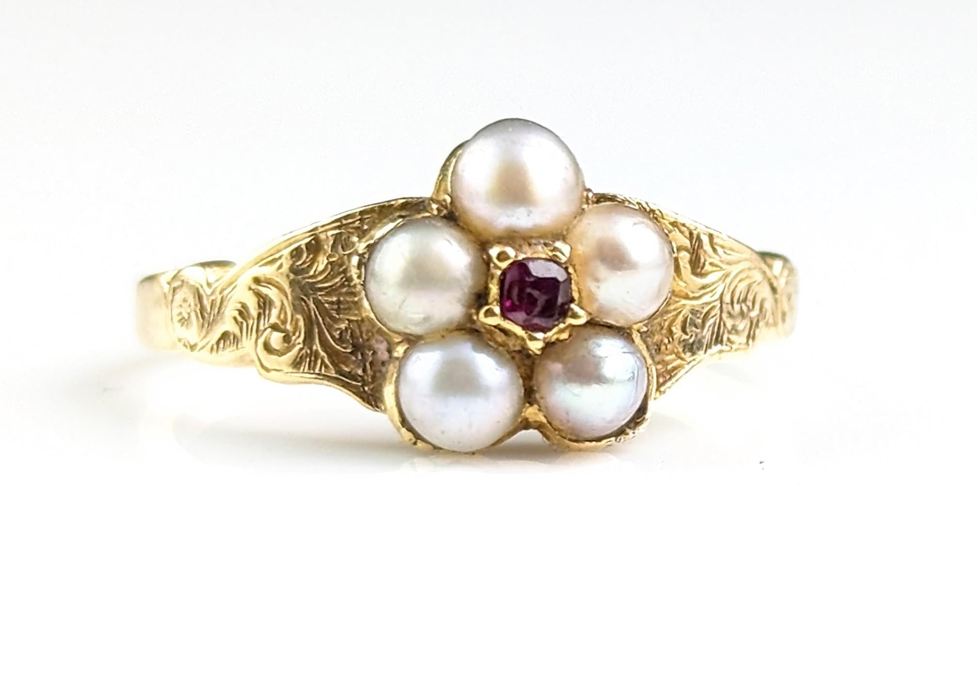 Antique Split pearl and Ruby flower ring, locket back, 18ct gold  2