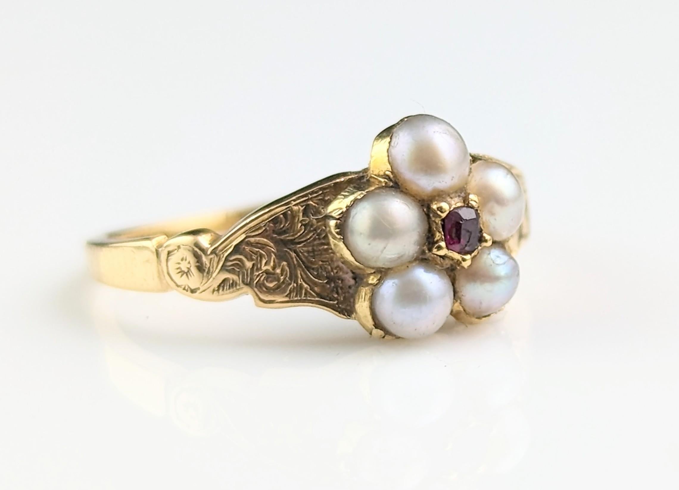Antique Split pearl and Ruby flower ring, locket back, 18ct gold  3