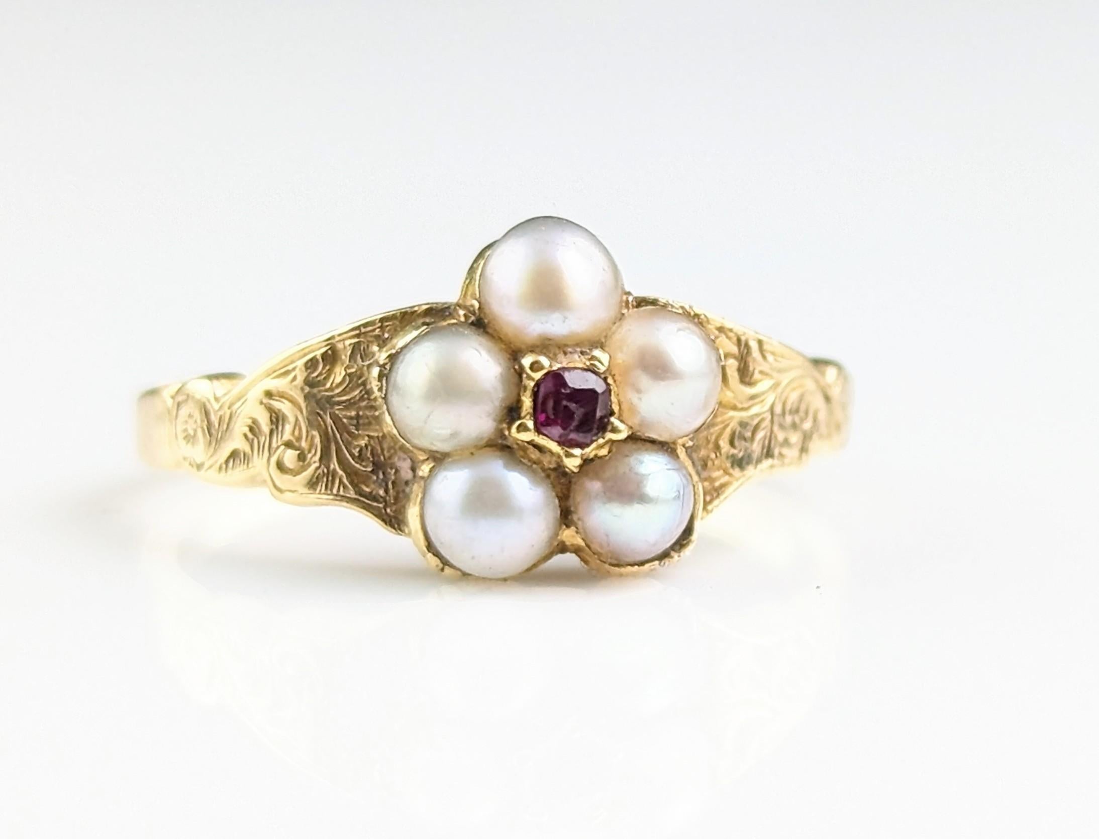 Antique Split pearl and Ruby flower ring, locket back, 18ct gold  7