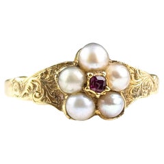 Antique Split pearl and Ruby flower ring, locket back, 18ct gold 