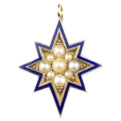 Antique Split Pearl star pendant, 9k gold, Blue enamel