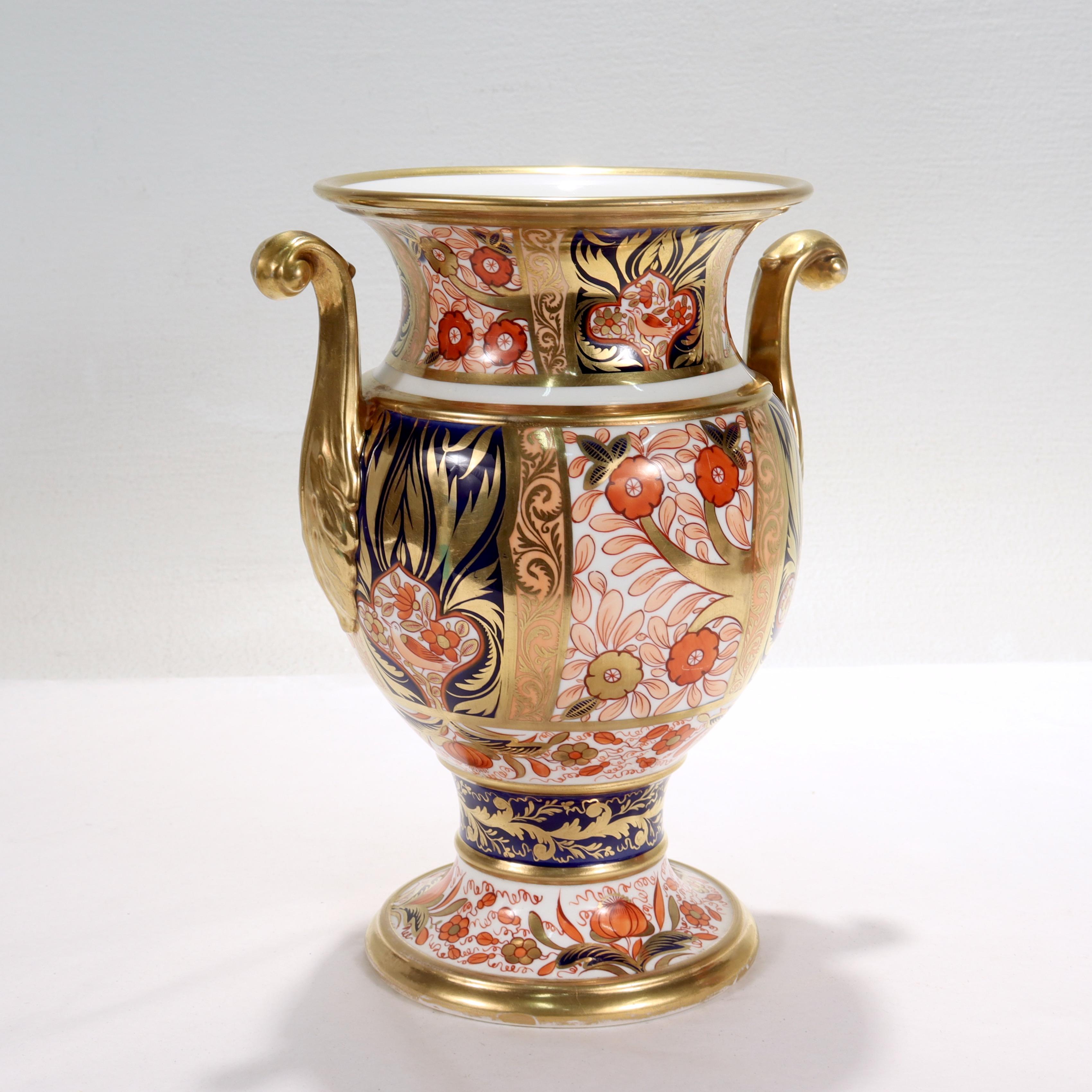 British Antique Spode Imari Porcelain Twin Handled Vase Pattern No. 1409, 1820s