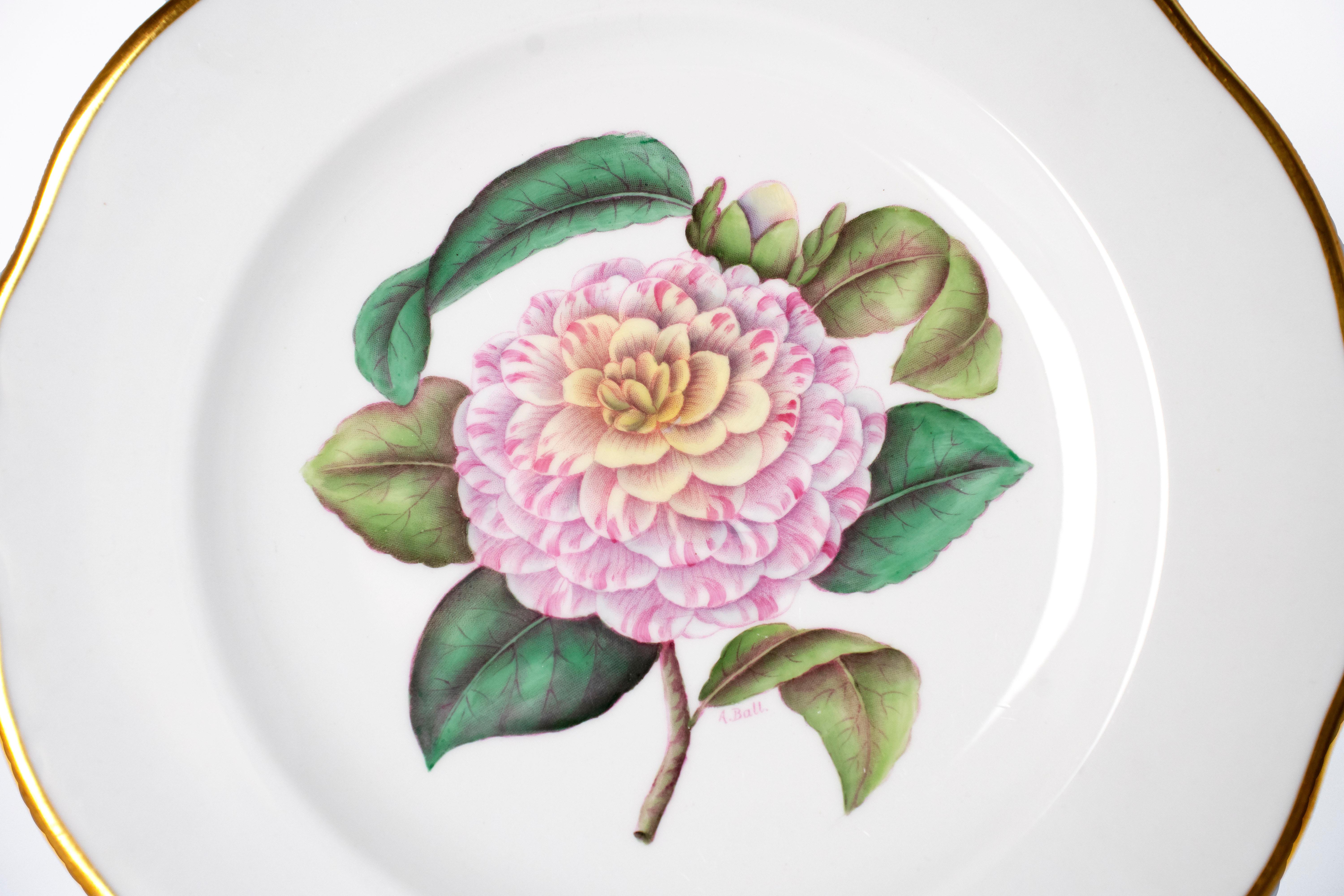 Antike Spode Tiffany & Co. Camelia Bemalte Teller- Set von 12 Tellern (Handbemalt) im Angebot