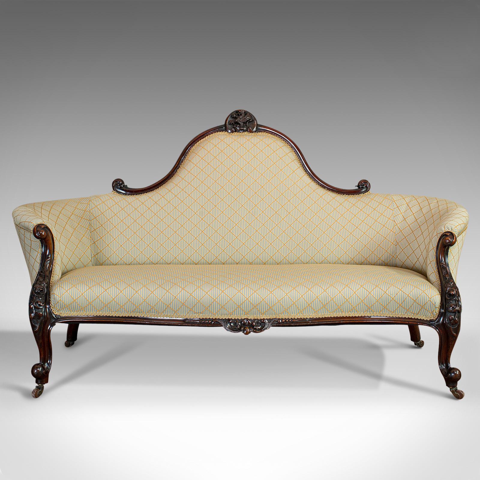 This is an antique spoon back sofa. An English, walnut and textile 2 person settee, dating to the early Victorian period, circa 1840.

Highly appealing, early Victorian sofa
Displays a desirable aged patina
Select walnut shows fine grain