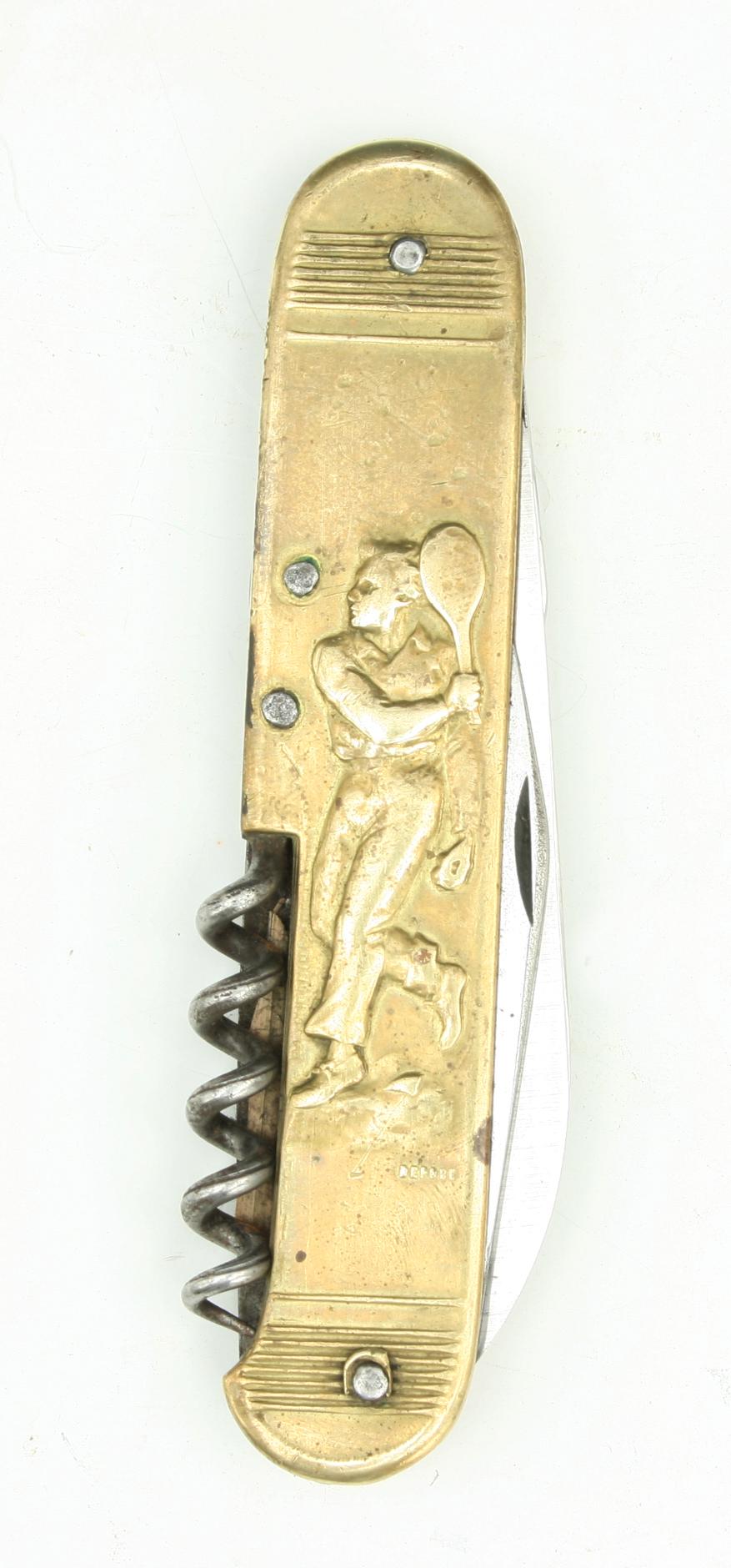 Mid-20th Century Antique Sporting Pen Knife, Boxing, Tennis 1930s Brass with Steel Bade