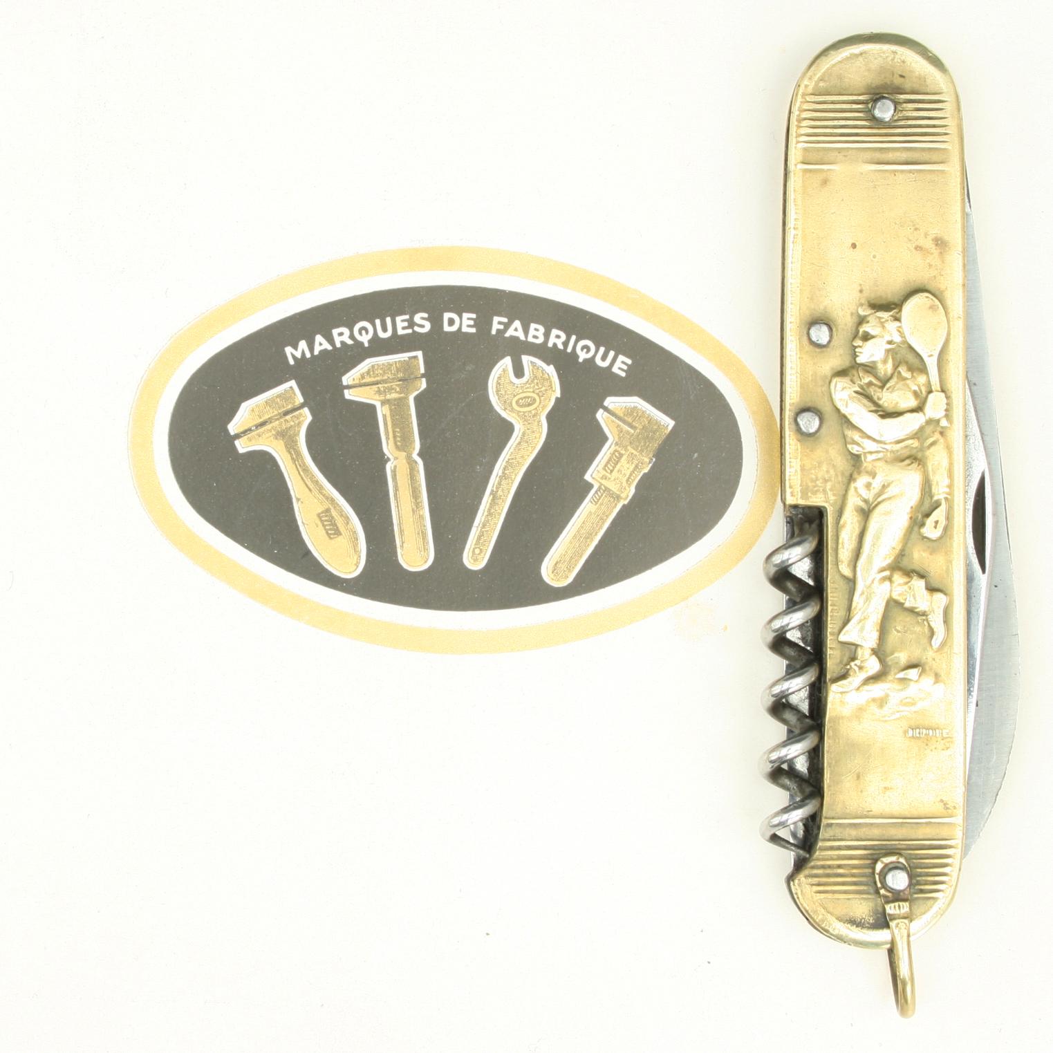 A folding sporting penknife with unoxydable bronze handle with a ring on the end. A good traditional French manufactured knife by Pradel. The penknife comprises of one large blade, one small blade, a corkscrew, screw driver, bottle and can opener