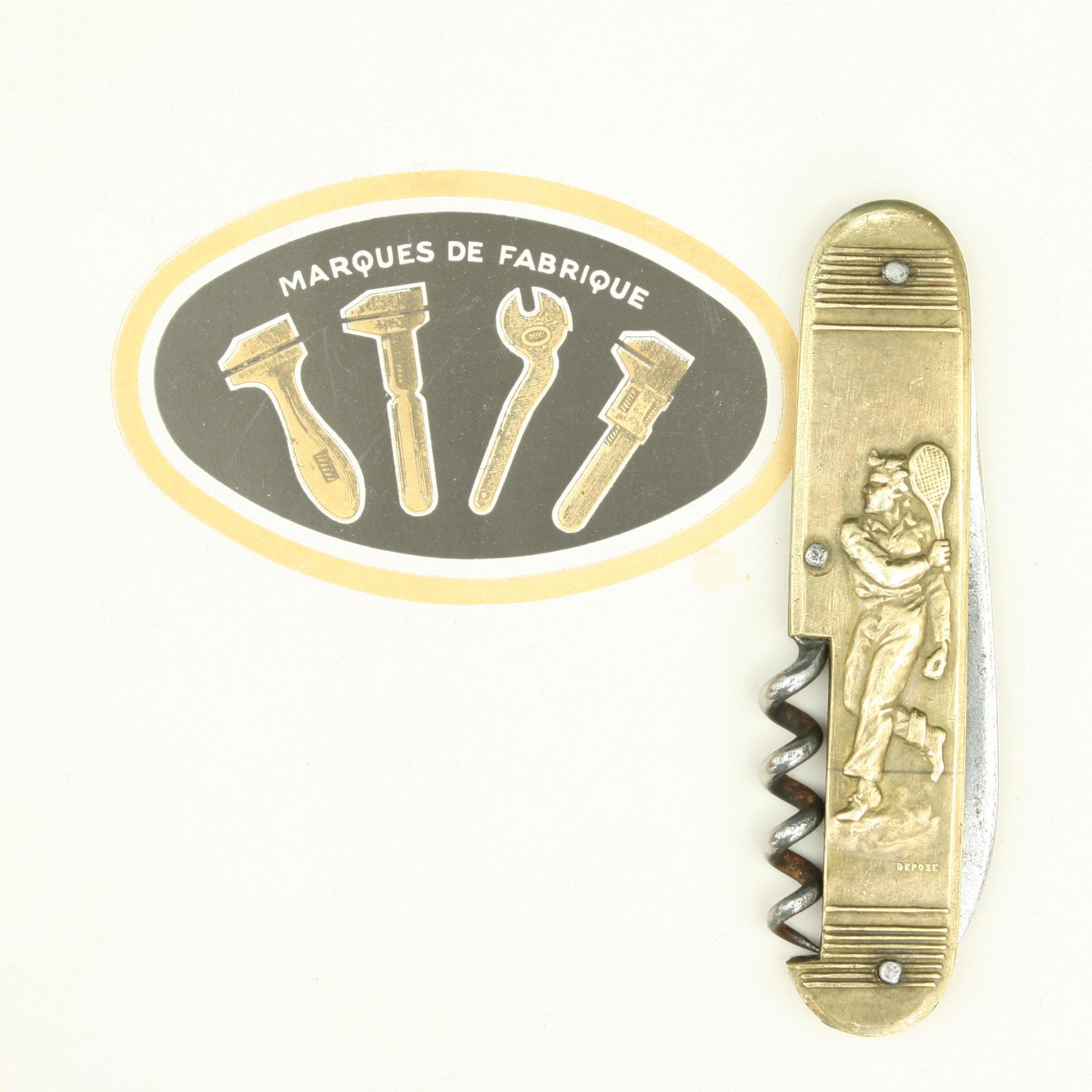 Antique sporting pen knife, Football, Tennis.
A folding sporting penknife with unoxydable bronze handle. A good traditional French manufactured knife by Coursolle, their trademark logo being 'adjustable wrenches'. The penknife comprises of one