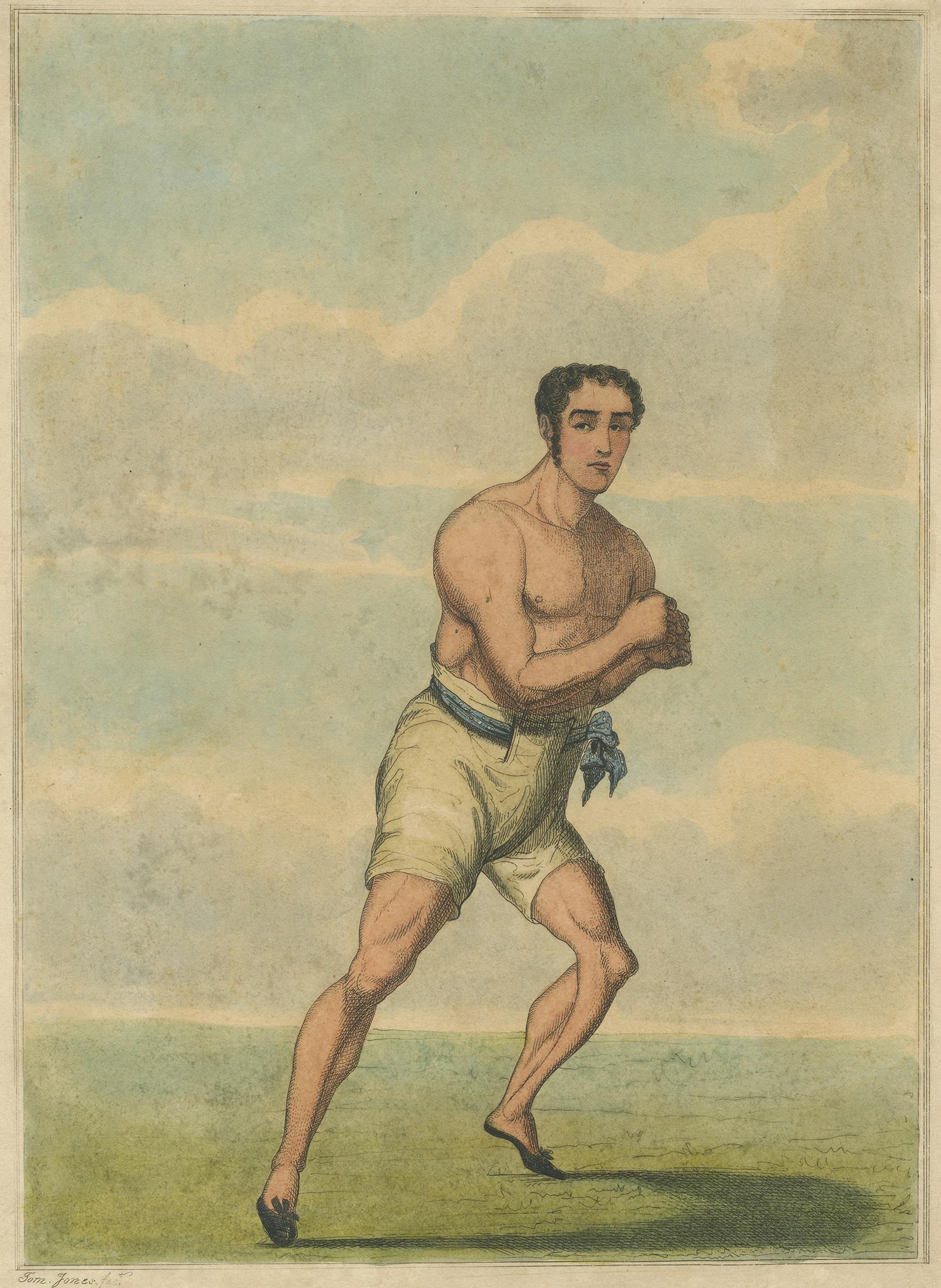Rare antique print titled 'J. Goodman (preparing to start)'. Sports etching of a runner made after T. Jones. The text reads 'This celebrated Runner after beating Dank, of York, P. Inglis, with the noted Dick Defoe, and several others, has been